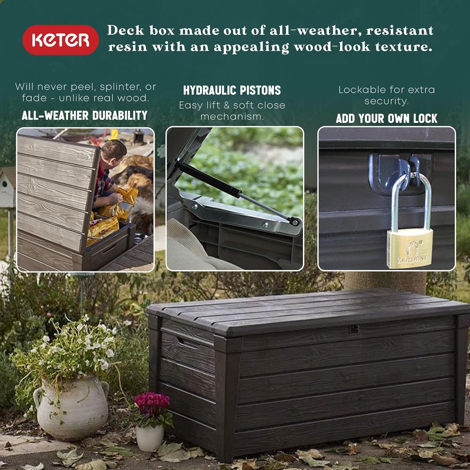 image:imageKeter Outdoor Storage Deck Box for Patio Backyard amp Garden Brightwood 120 Gal Brown Lockable Organizing and Waterproof Plastic Container Bench1