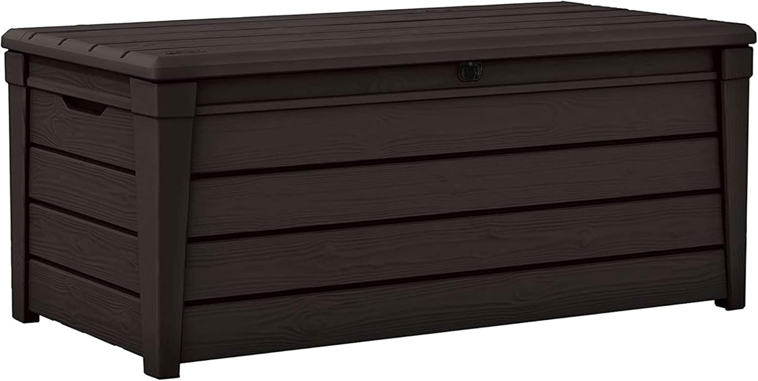 image:imageKeter Outdoor Storage Deck Box for Patio Backyard amp Garden Brightwood 120 Gal Brown Lockable Organizing and Waterproof Plastic Container Bench2