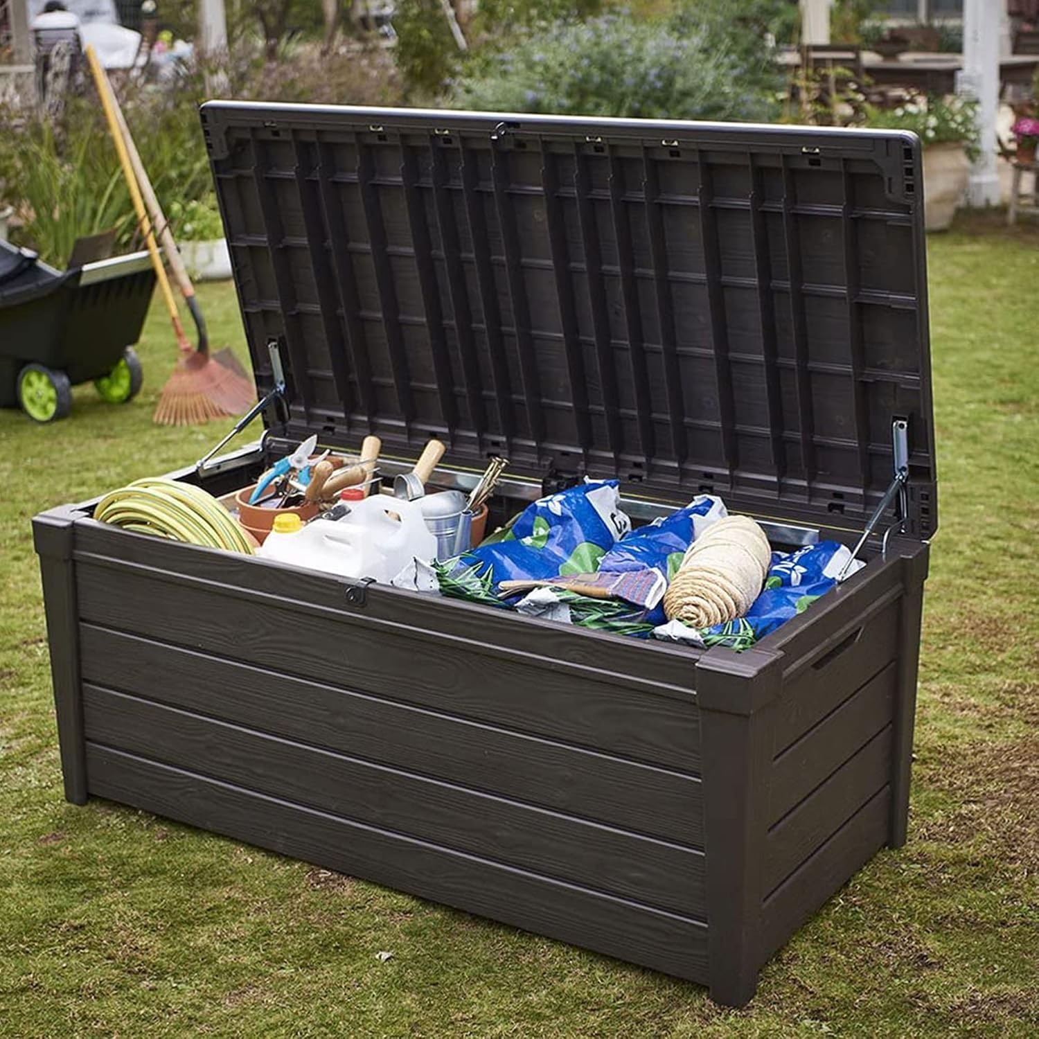 image:imageKeter Outdoor Storage Deck Box for Patio Backyard amp Garden Brightwood 120 Gal Brown Lockable Organizing and Waterproof Plastic Container Bench2