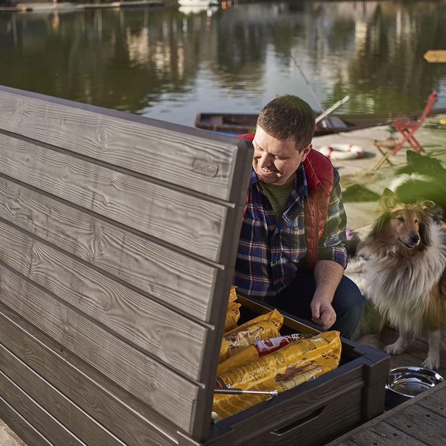 image:imageKeter Outdoor Storage Deck Box for Patio Backyard amp Garden Brightwood 120 Gal Brown Lockable Organizing and Waterproof Plastic Container Bench2