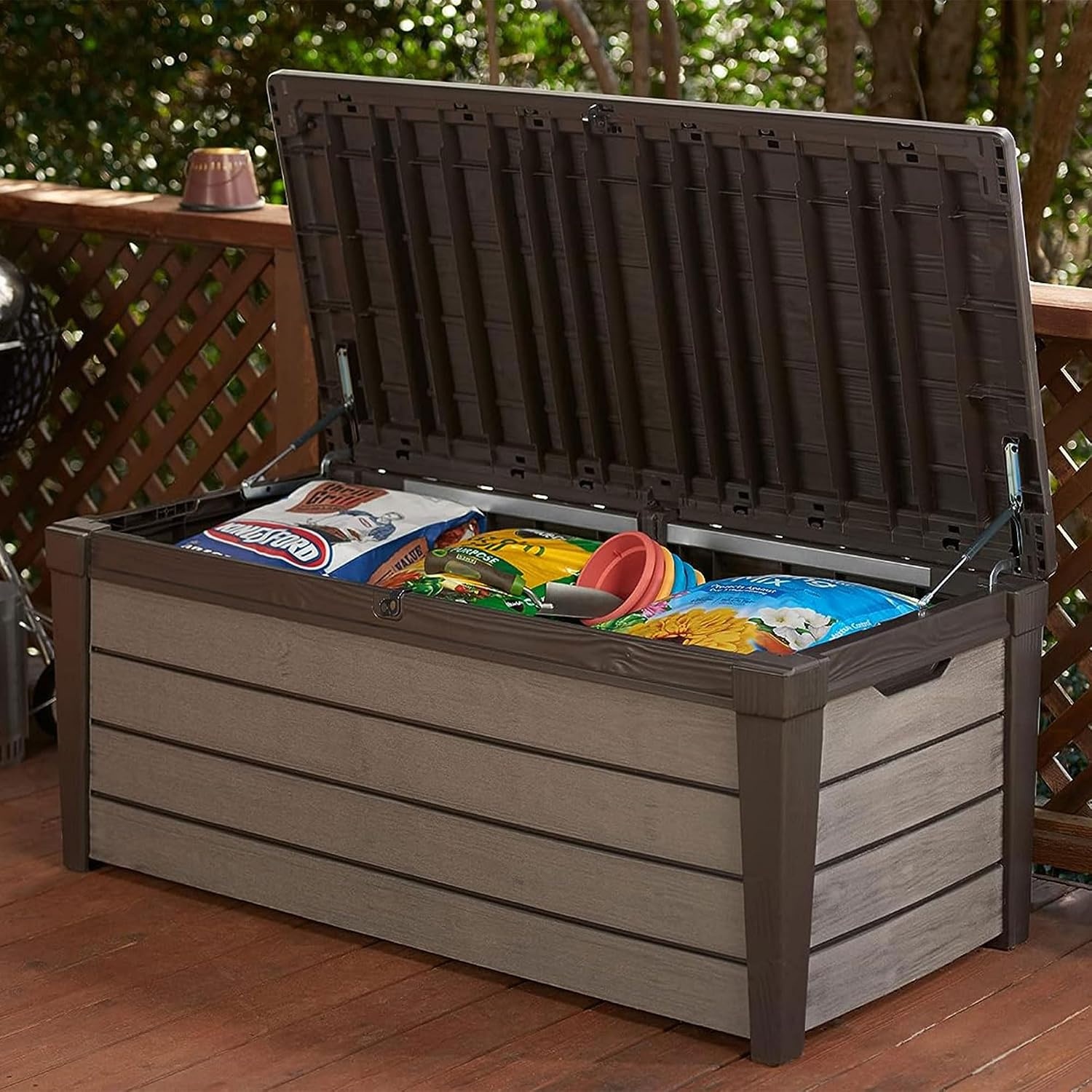 image:imageKeter Outdoor Storage Deck Box for Patio Backyard amp Garden Brushwood 120 Gal Brown Lockable Organizing and Waterproof Plastic Container Bench