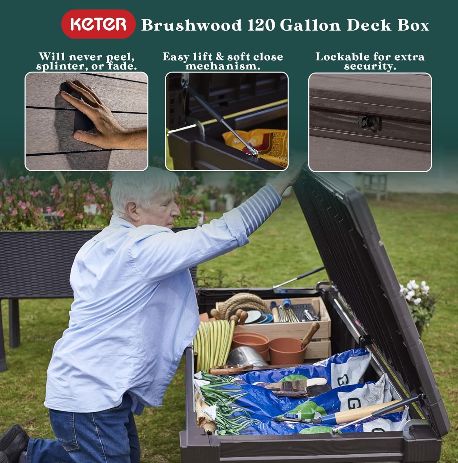 image:imageKeter Outdoor Storage Deck Box for Patio Backyard amp Garden Brushwood 120 Gal Brown Lockable Organizing and Waterproof Plastic Container Bench