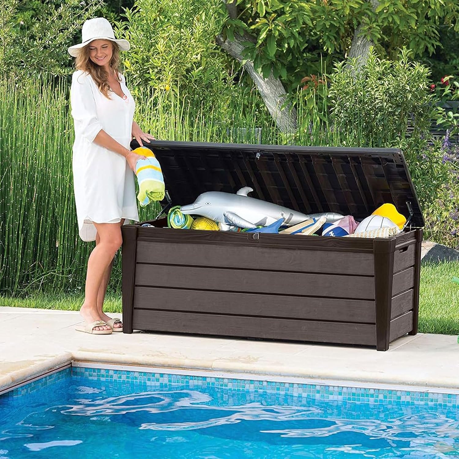 image:imageKeter Outdoor Storage Deck Box for Patio Backyard amp Garden Brushwood 120 Gal Brown Lockable Organizing and Waterproof Plastic Container Bench