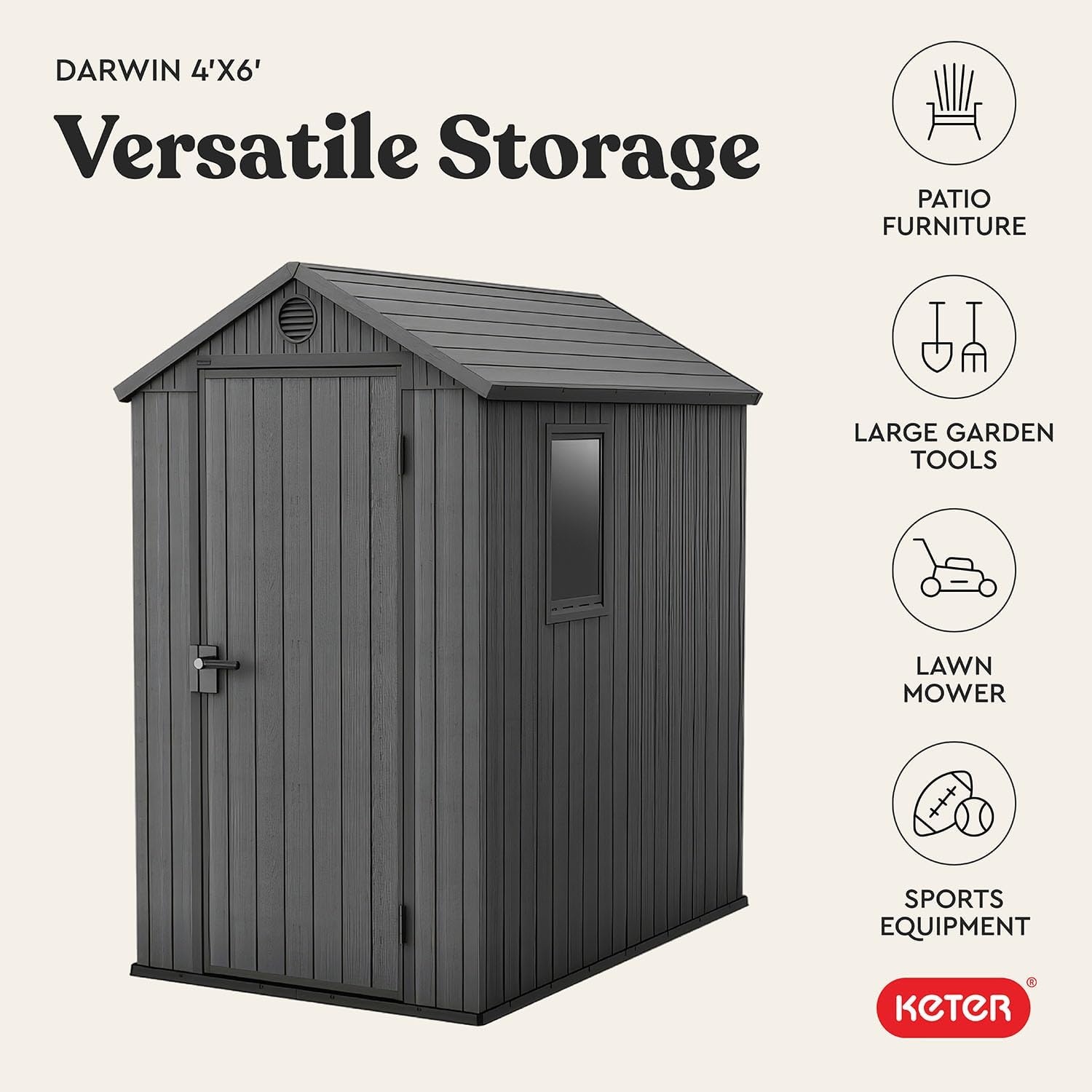 image:imageKeter Outdoor Storage Tool Shed for House Patio amp Yard Darwin 6 x 8 Ft Graphite Gray Portable and Lockable Resin Utility Organizer for Backyard Pool Garden or Lawn OrganizationGray