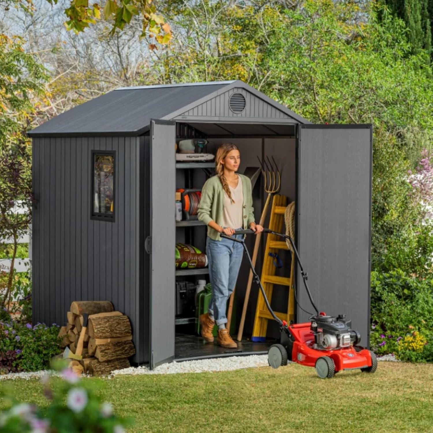 image:imageKeter Outdoor Storage Tool Shed for House Patio amp Yard Darwin 6 x 8 Ft Graphite Gray Portable and Lockable Resin Utility Organizer for Backyard Pool Garden or Lawn OrganizationGray