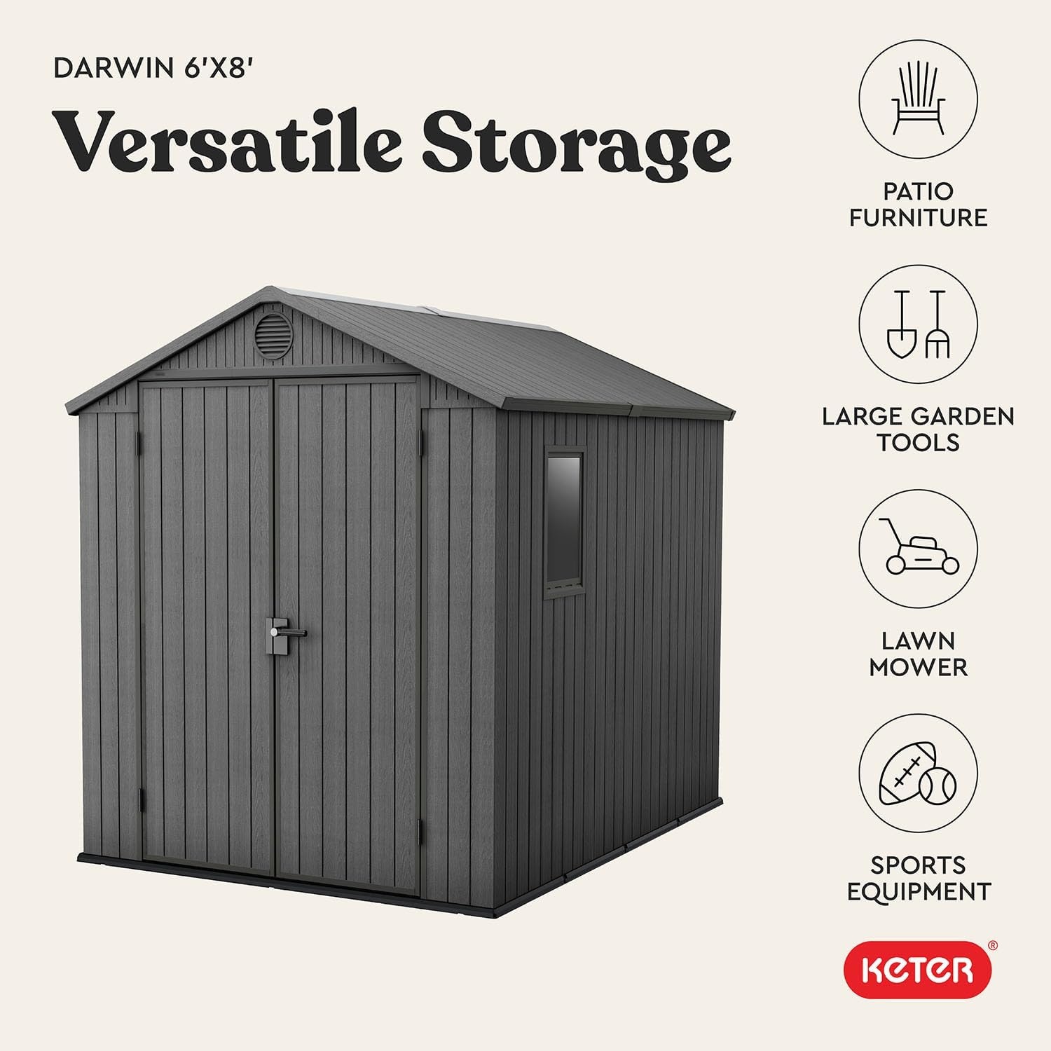 image:imageKeter Outdoor Storage Tool Shed for House Patio amp Yard Darwin 6 x 8 Ft Graphite Gray Portable and Lockable Resin Utility Organizer for Backyard Pool Garden or Lawn OrganizationGray