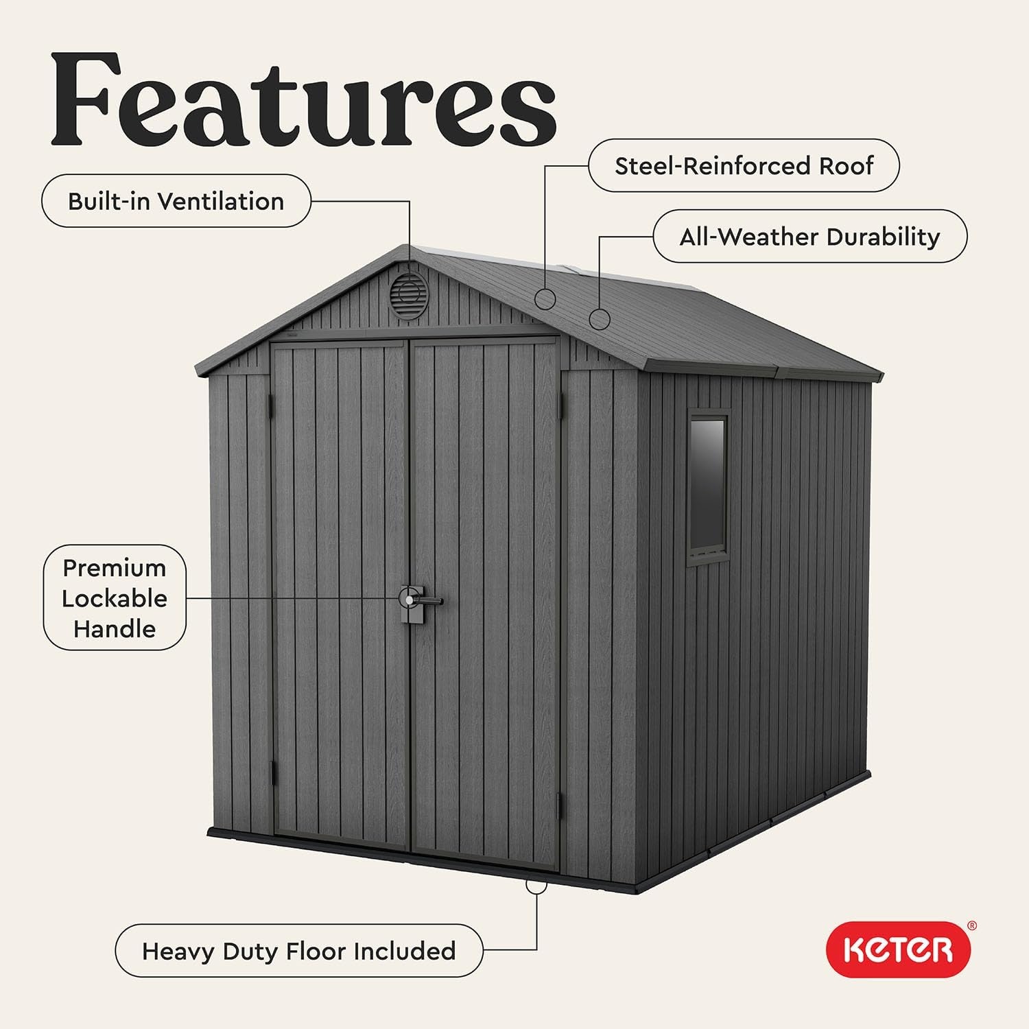 image:imageKeter Outdoor Storage Tool Shed for House Patio amp Yard Darwin 6 x 8 Ft Graphite Gray Portable and Lockable Resin Utility Organizer for Backyard Pool Garden or Lawn OrganizationGray