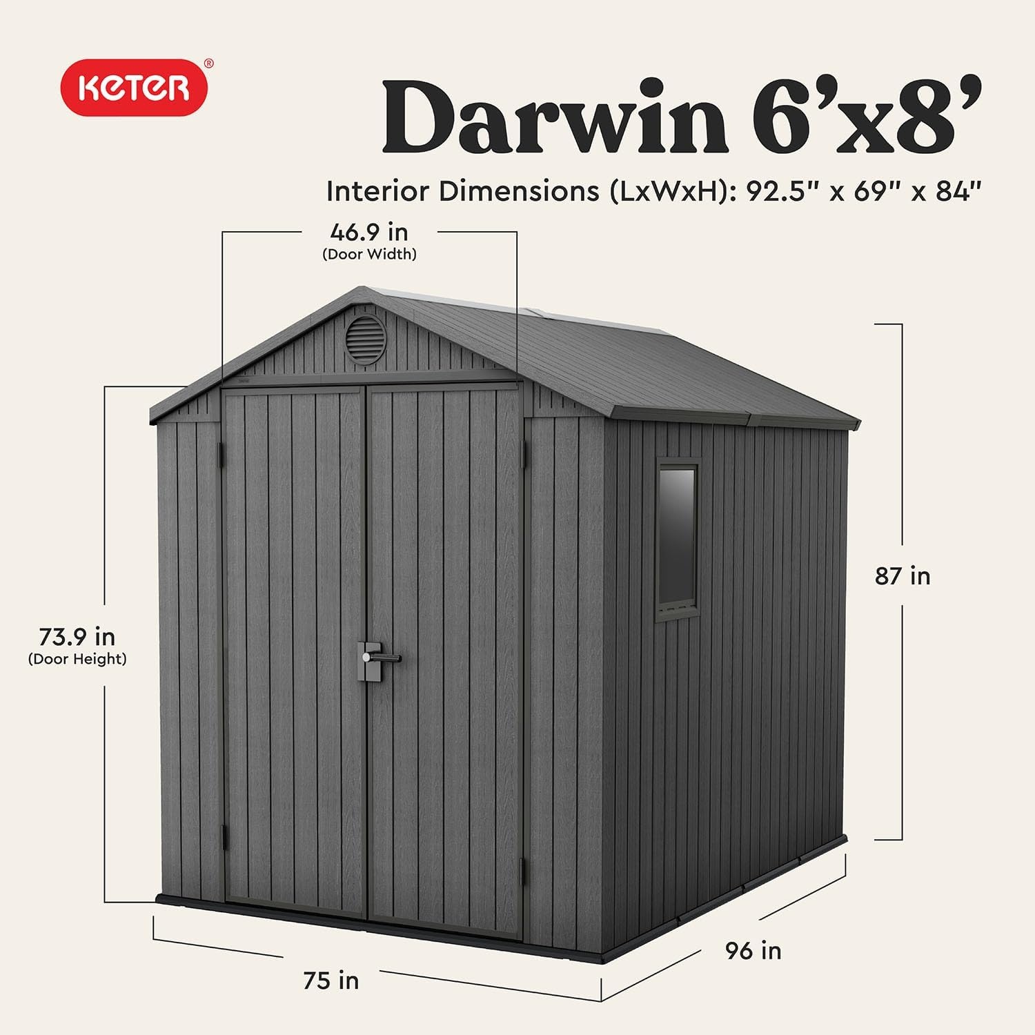 image:imageKeter Outdoor Storage Tool Shed for House Patio amp Yard Darwin 6 x 8 Ft Graphite Gray Portable and Lockable Resin Utility Organizer for Backyard Pool Garden or Lawn OrganizationGray
