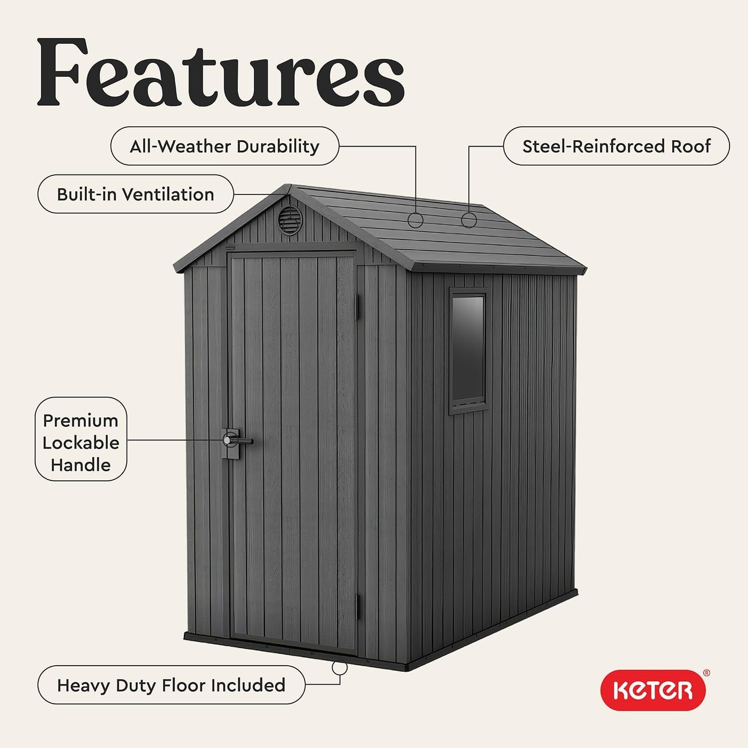 image:imageKeter Outdoor Storage Tool Shed for House Patio amp Yard Darwin 6 x 8 Ft Graphite Gray Portable and Lockable Resin Utility Organizer for Backyard Pool Garden or Lawn OrganizationGray