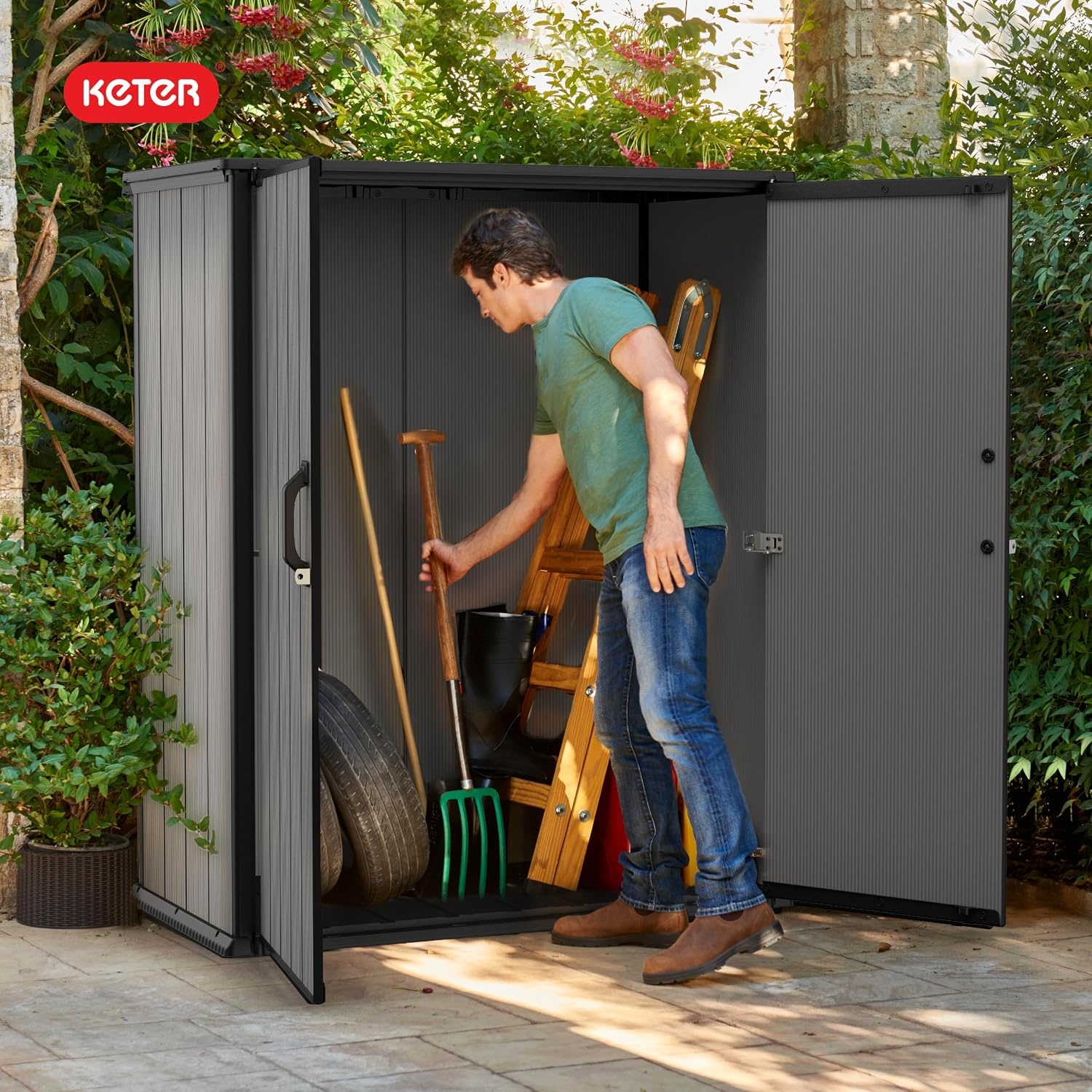 image:imageKeter Premier Tall 46x56 ft Resin Outdoor Storage Shed Backyard Garden Shed with Shelving Brackets for Tools Patio Furniture Pool amp Bike Storage Grey amp Black 62 cu ft Capacity