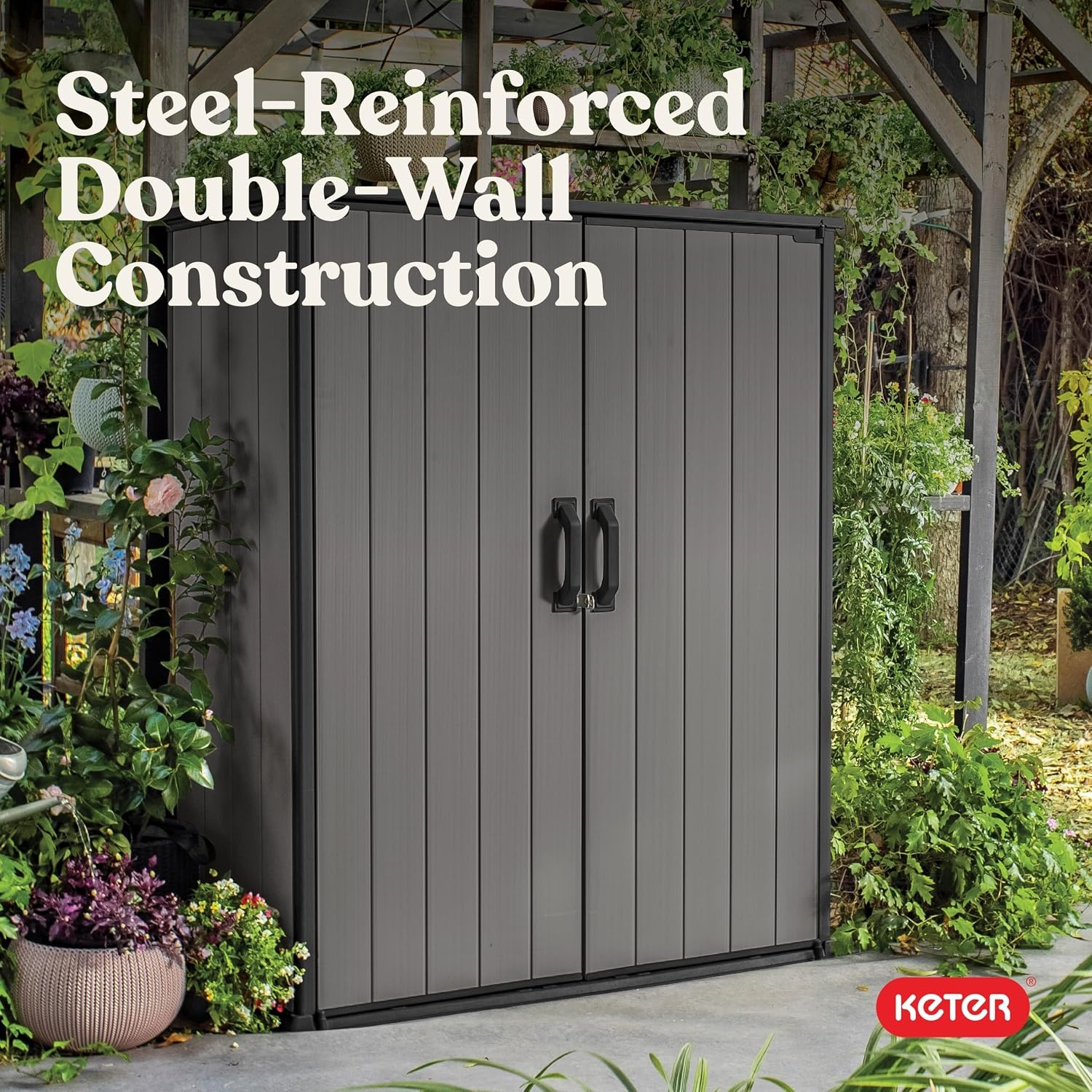 image:imageKeter Premier Tall 46x56 ft Resin Outdoor Storage Shed Backyard Garden Shed with Shelving Brackets for Tools Patio Furniture Pool amp Bike Storage Grey amp Black 62 cu ft Capacity