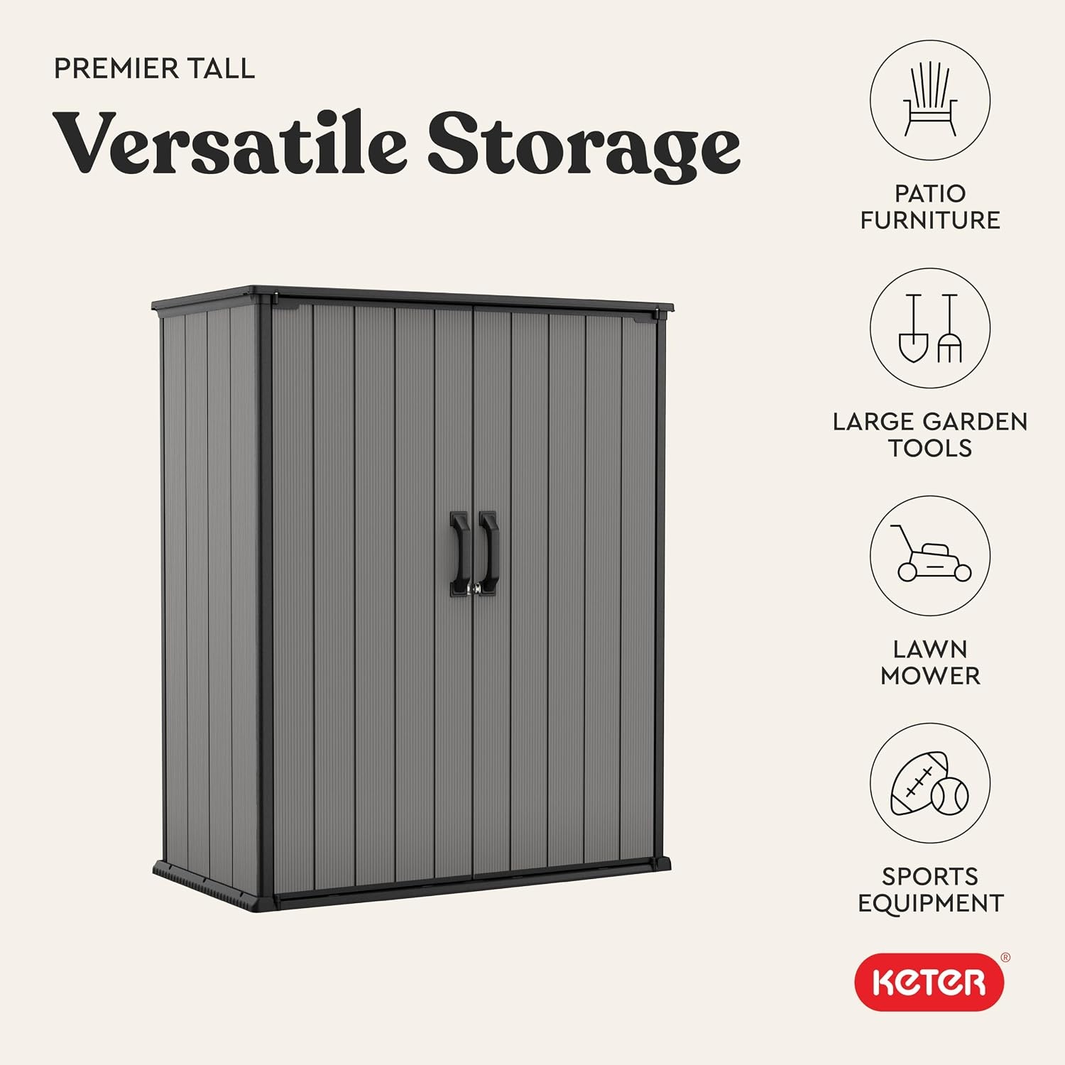 image:imageKeter Premier Tall 46x56 ft Resin Outdoor Storage Shed Backyard Garden Shed with Shelving Brackets for Tools Patio Furniture Pool amp Bike Storage Grey amp Black 62 cu ft Capacity