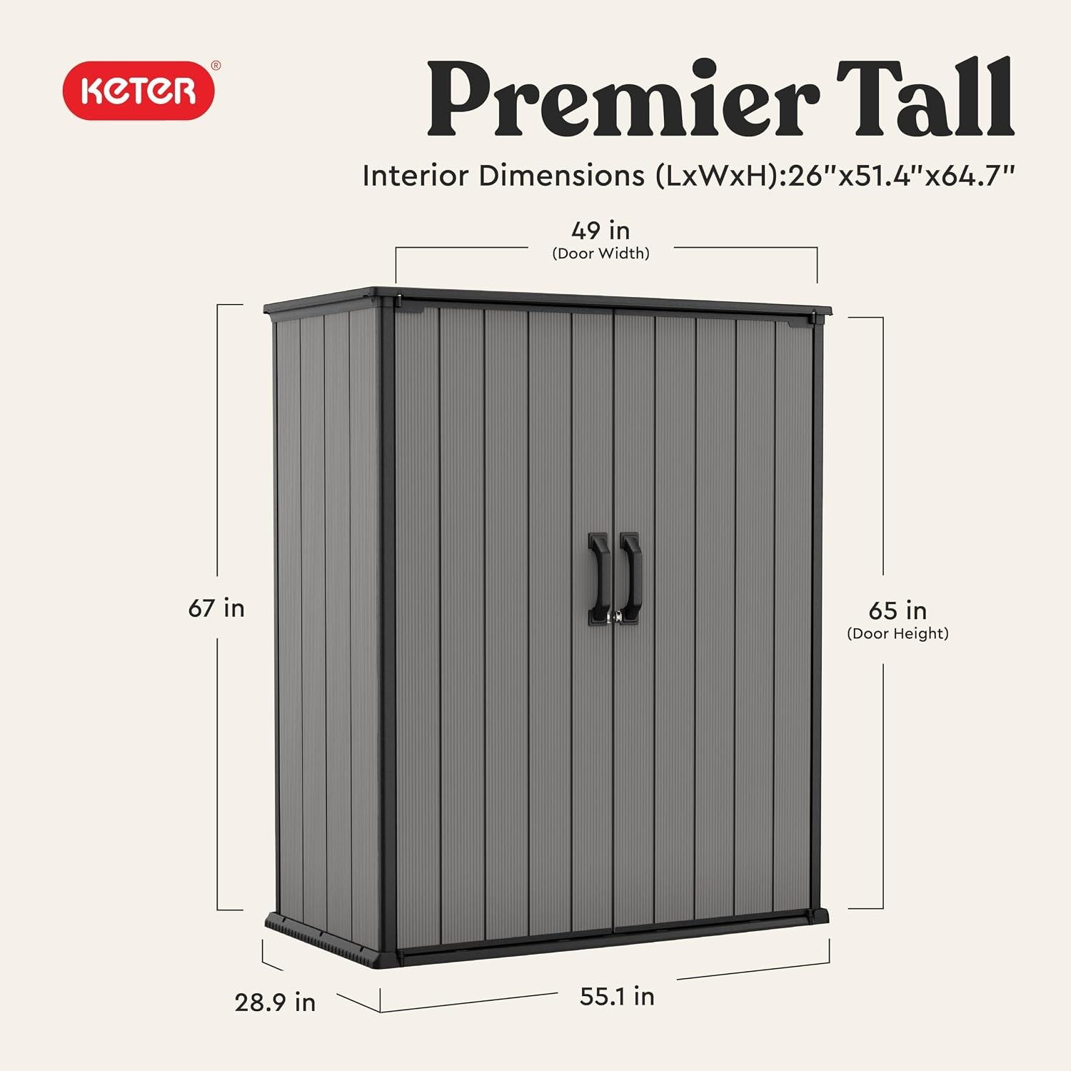 image:imageKeter Premier Tall 46x56 ft Resin Outdoor Storage Shed Backyard Garden Shed with Shelving Brackets for Tools Patio Furniture Pool amp Bike Storage Grey amp Black 62 cu ft Capacity