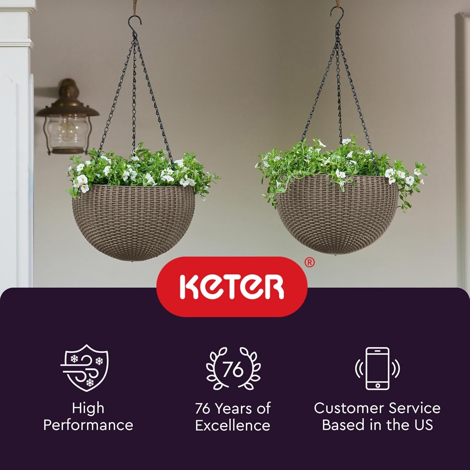 image:imageKeter Resin Rattan Set of 2 Round Hanging Planter Baskets for Indoor and Outdoor PlantsPerfect for Porches and Patio Decor CappuccinoTaupe