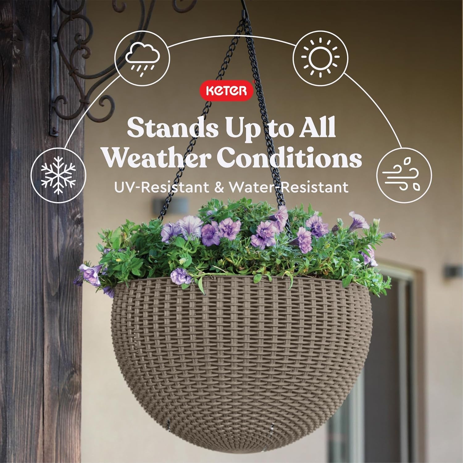 image:imageKeter Resin Rattan Set of 2 Round Hanging Planter Baskets for Indoor and Outdoor PlantsPerfect for Porches and Patio Decor CappuccinoTaupe