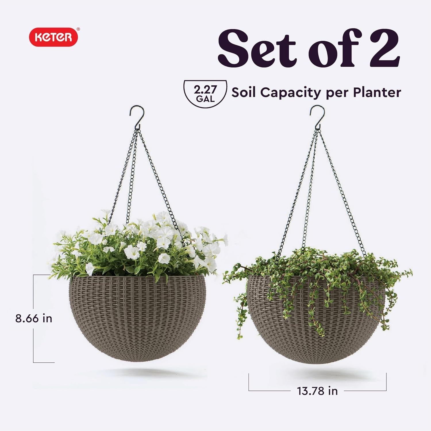 image:imageKeter Resin Rattan Set of 2 Round Hanging Planter Baskets for Indoor and Outdoor PlantsPerfect for Porches and Patio Decor CappuccinoTaupe