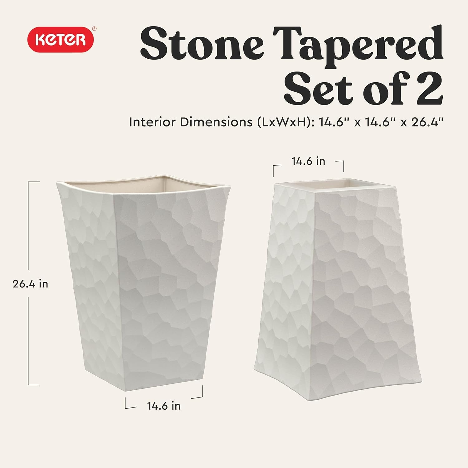 image:imageKeter Set of 2 Resin Modern Outdoor 22 Inch Tall Large Flower Pots Tapered Wood Look Planters for Outdoor Plants and Front Porch Decor GraphiteCream