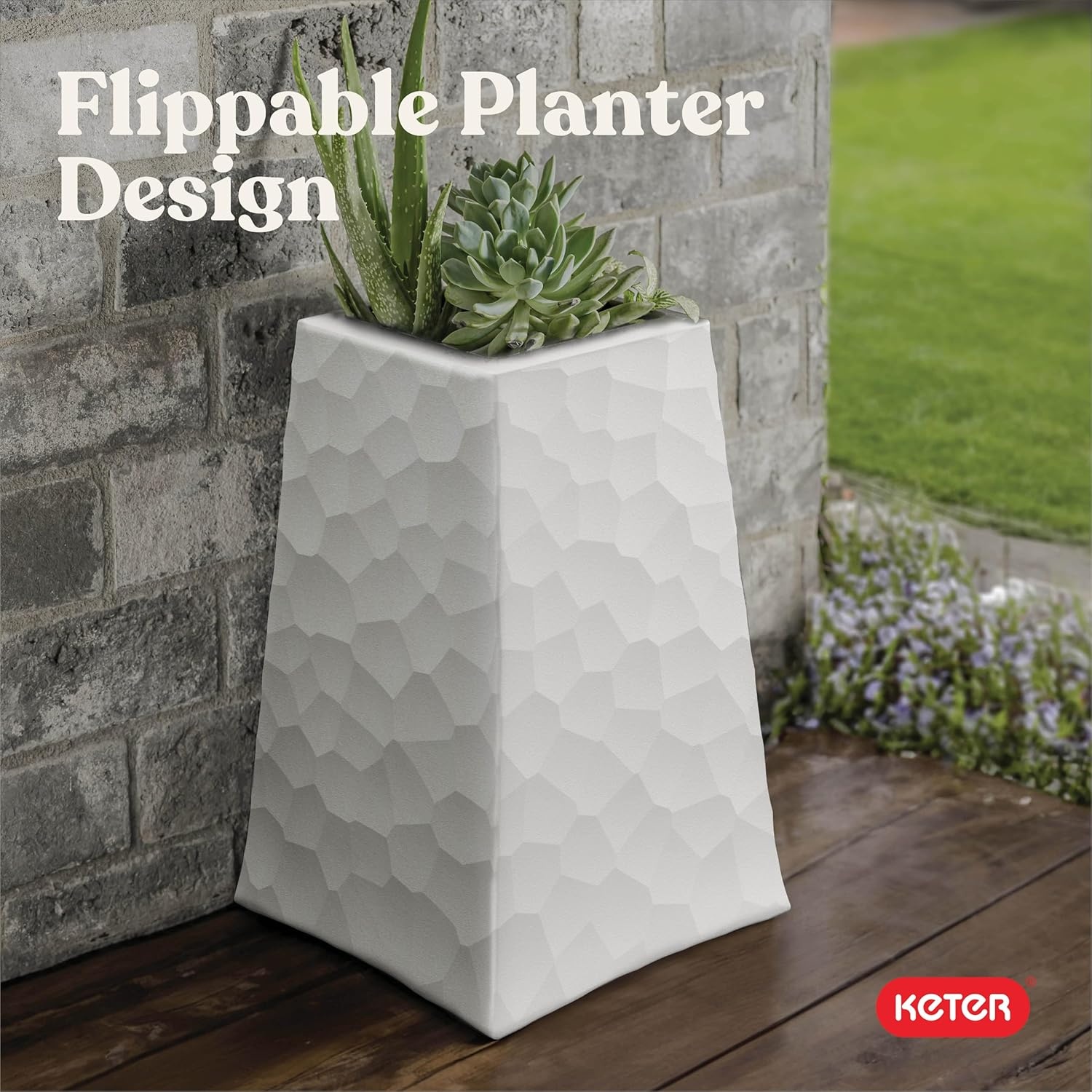 image:imageKeter Set of 2 Resin Modern Outdoor 22 Inch Tall Large Flower Pots Tapered Wood Look Planters for Outdoor Plants and Front Porch Decor GraphiteCream