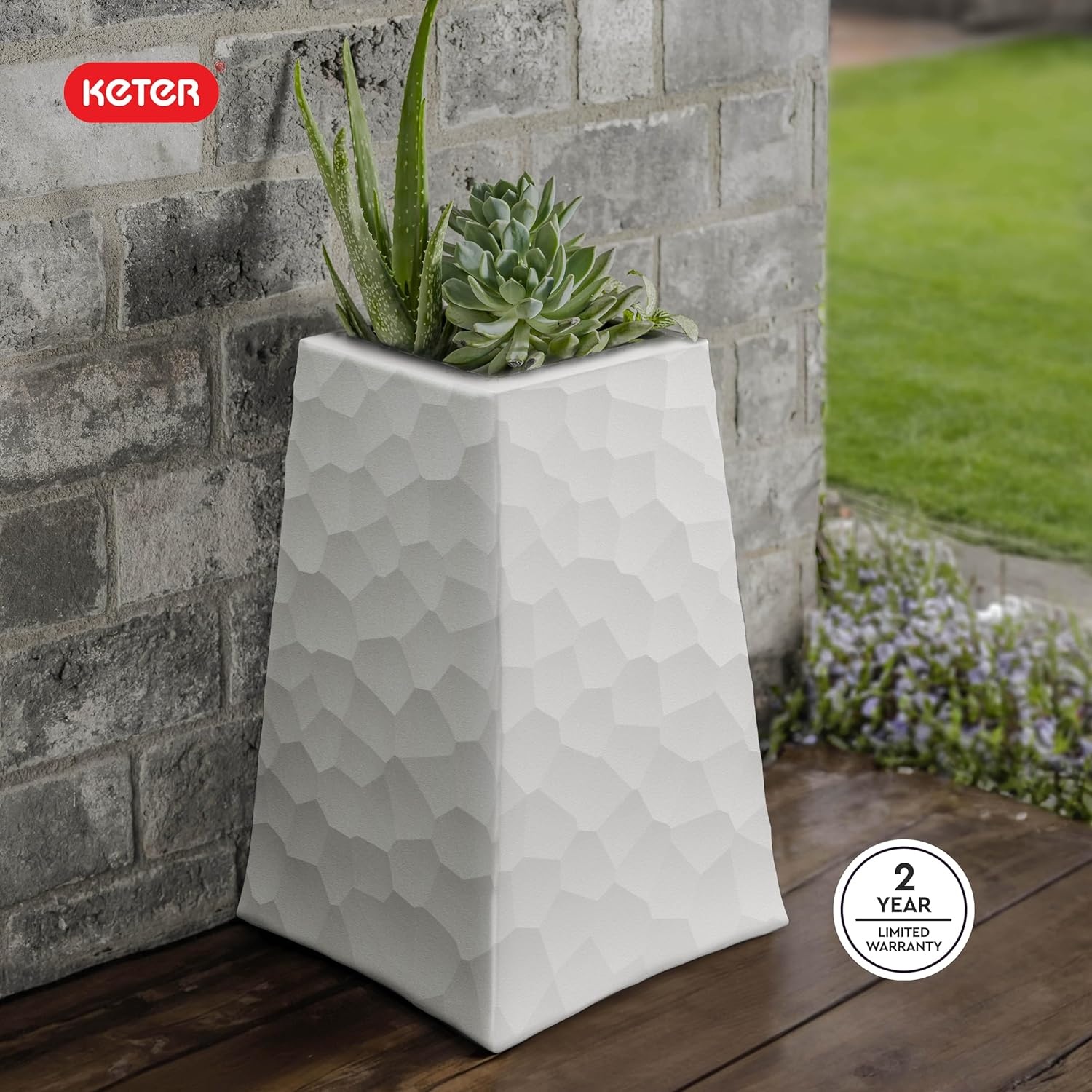 image:imageKeter Set of 2 Resin Modern Outdoor 22 Inch Tall Large Flower Pots Tapered Wood Look Planters for Outdoor Plants and Front Porch Decor GraphiteCream