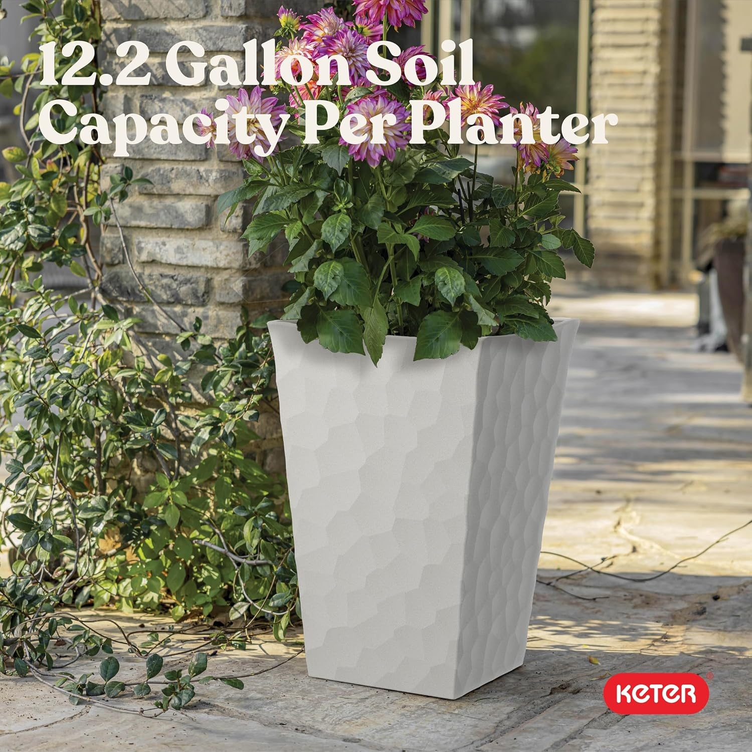 image:imageKeter Set of 2 Resin Modern Outdoor 22 Inch Tall Large Flower Pots Tapered Wood Look Planters for Outdoor Plants and Front Porch Decor GraphiteCream