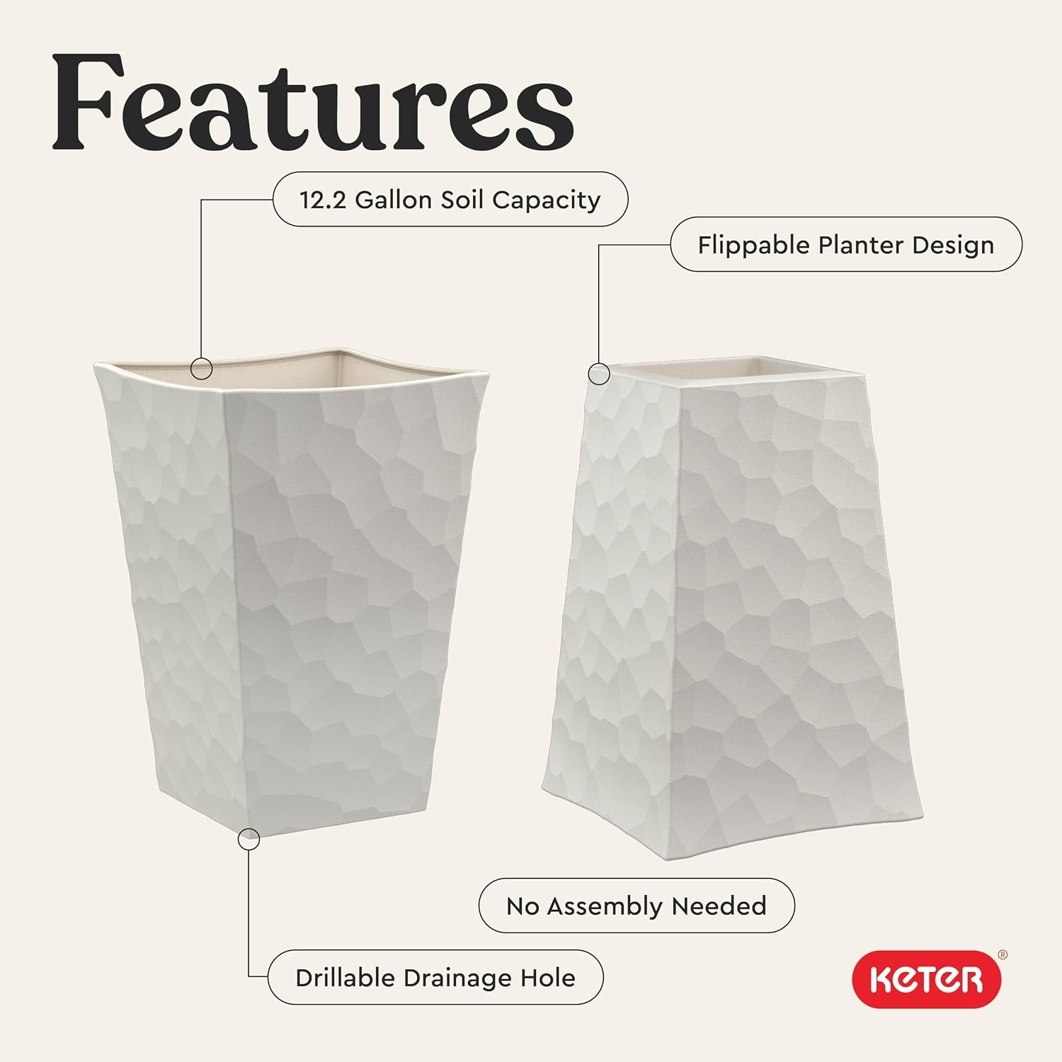 image:imageKeter Set of 2 Resin Modern Outdoor 22 Inch Tall Large Flower Pots Tapered Wood Look Planters for Outdoor Plants and Front Porch Decor GraphiteCream