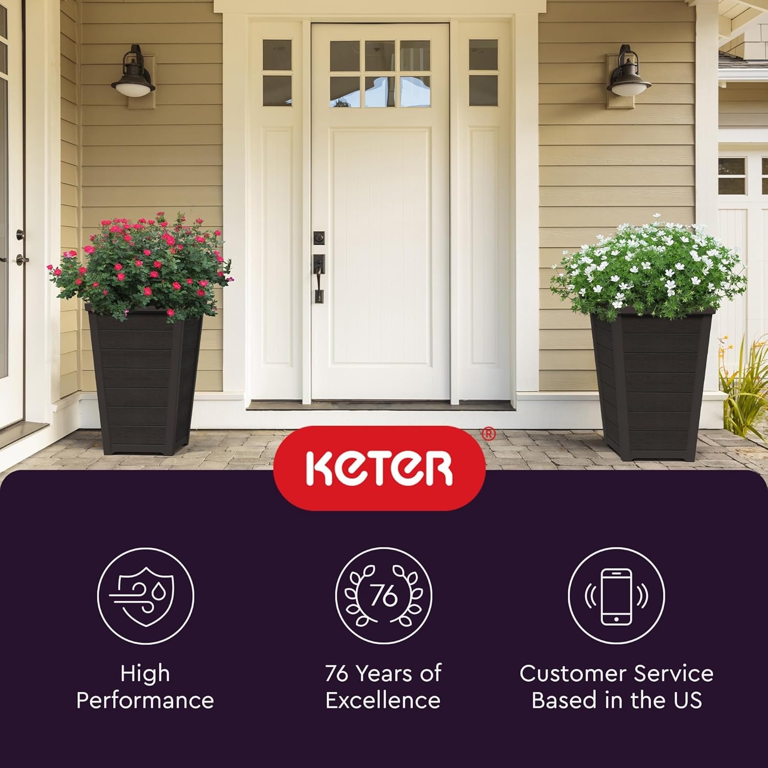 image:imageKeter Set of 2 Resin Modern Outdoor 22 Inch Tall Large Flower Pots Tapered Wood Look Planters for Outdoor Plants and Front Porch Decor GraphiteGraphite