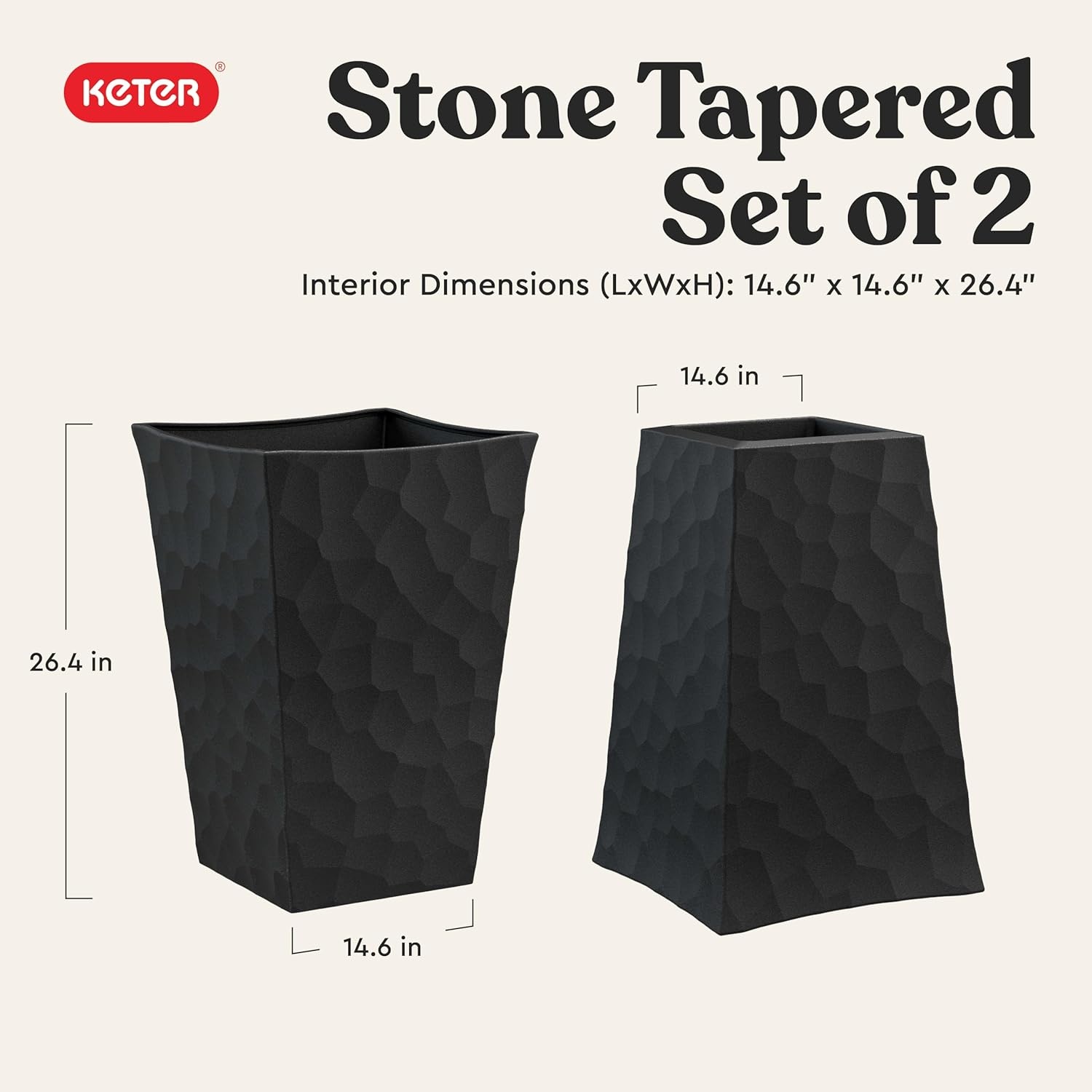 image:imageKeter Set of 2 Resin Modern Outdoor 22 Inch Tall Large Flower Pots Tapered Wood Look Planters for Outdoor Plants and Front Porch Decor GraphiteGraphite