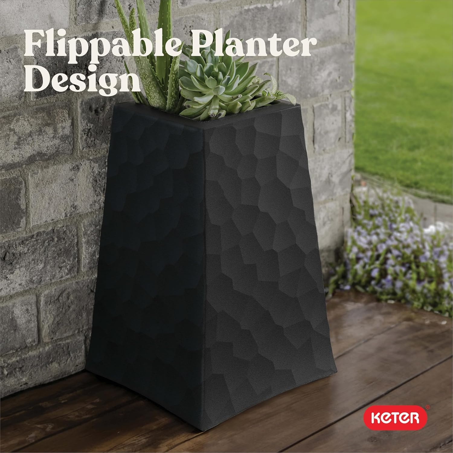 image:imageKeter Set of 2 Resin Modern Outdoor 22 Inch Tall Large Flower Pots Tapered Wood Look Planters for Outdoor Plants and Front Porch Decor GraphiteGraphite