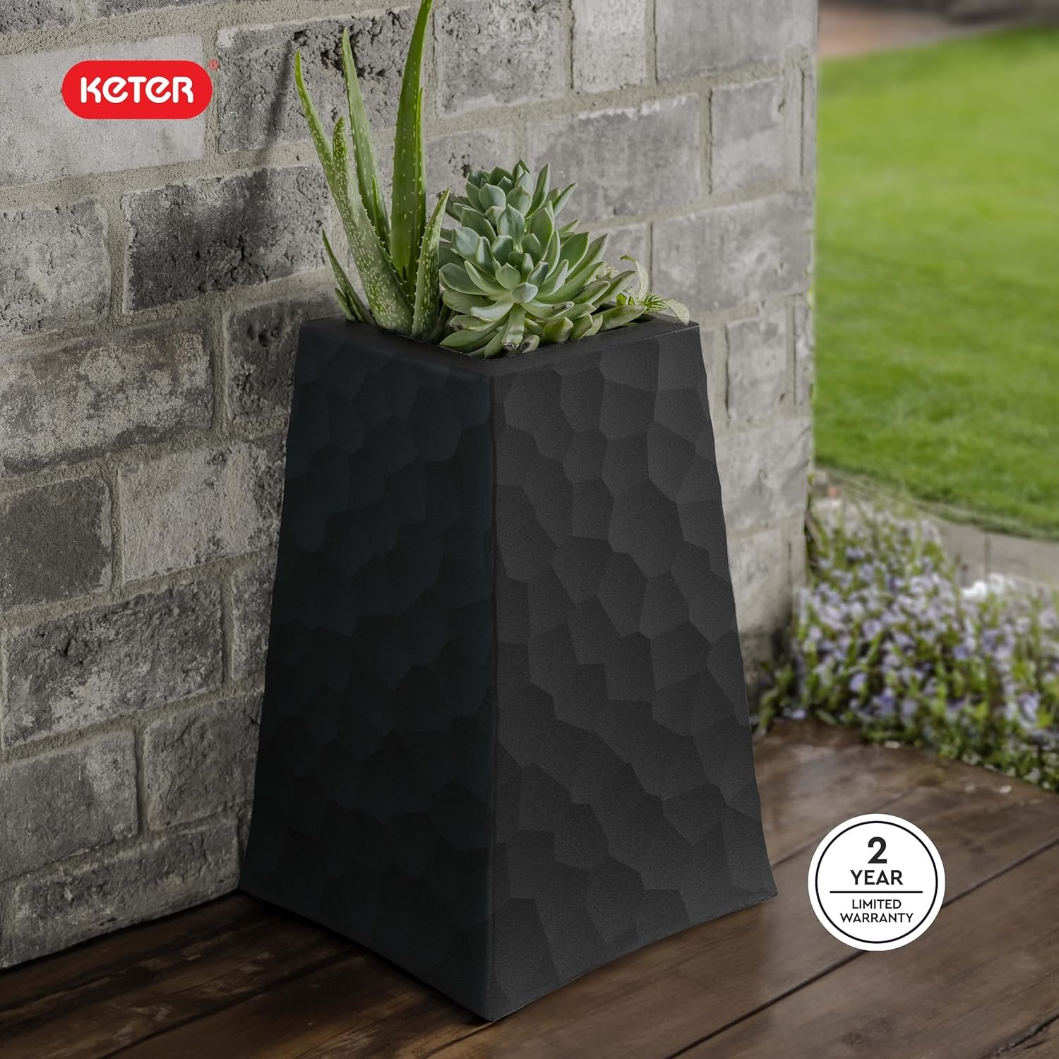 image:imageKeter Set of 2 Resin Modern Outdoor 22 Inch Tall Large Flower Pots Tapered Wood Look Planters for Outdoor Plants and Front Porch Decor GraphiteGraphite