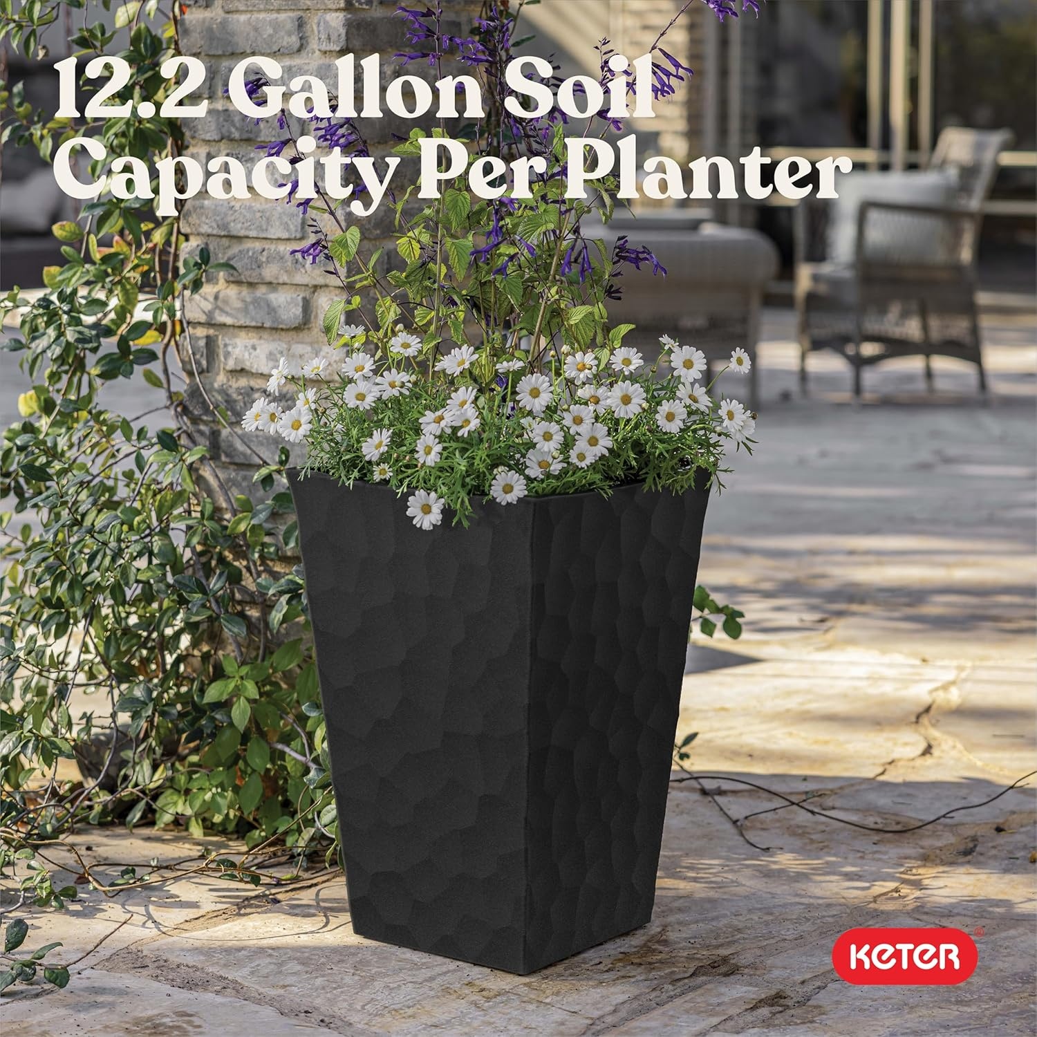 image:imageKeter Set of 2 Resin Modern Outdoor 22 Inch Tall Large Flower Pots Tapered Wood Look Planters for Outdoor Plants and Front Porch Decor GraphiteGraphite