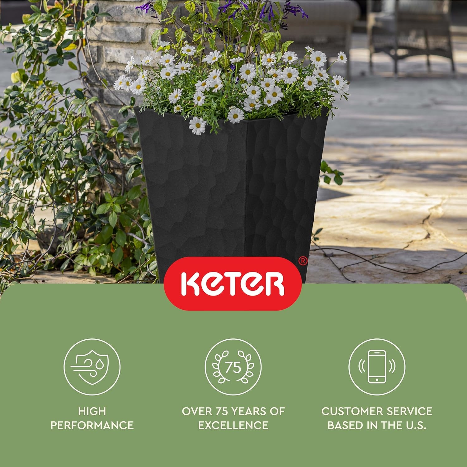 image:imageKeter Set of 2 Resin Modern Outdoor 22 Inch Tall Large Flower Pots Tapered Wood Look Planters for Outdoor Plants and Front Porch Decor GraphiteGraphite