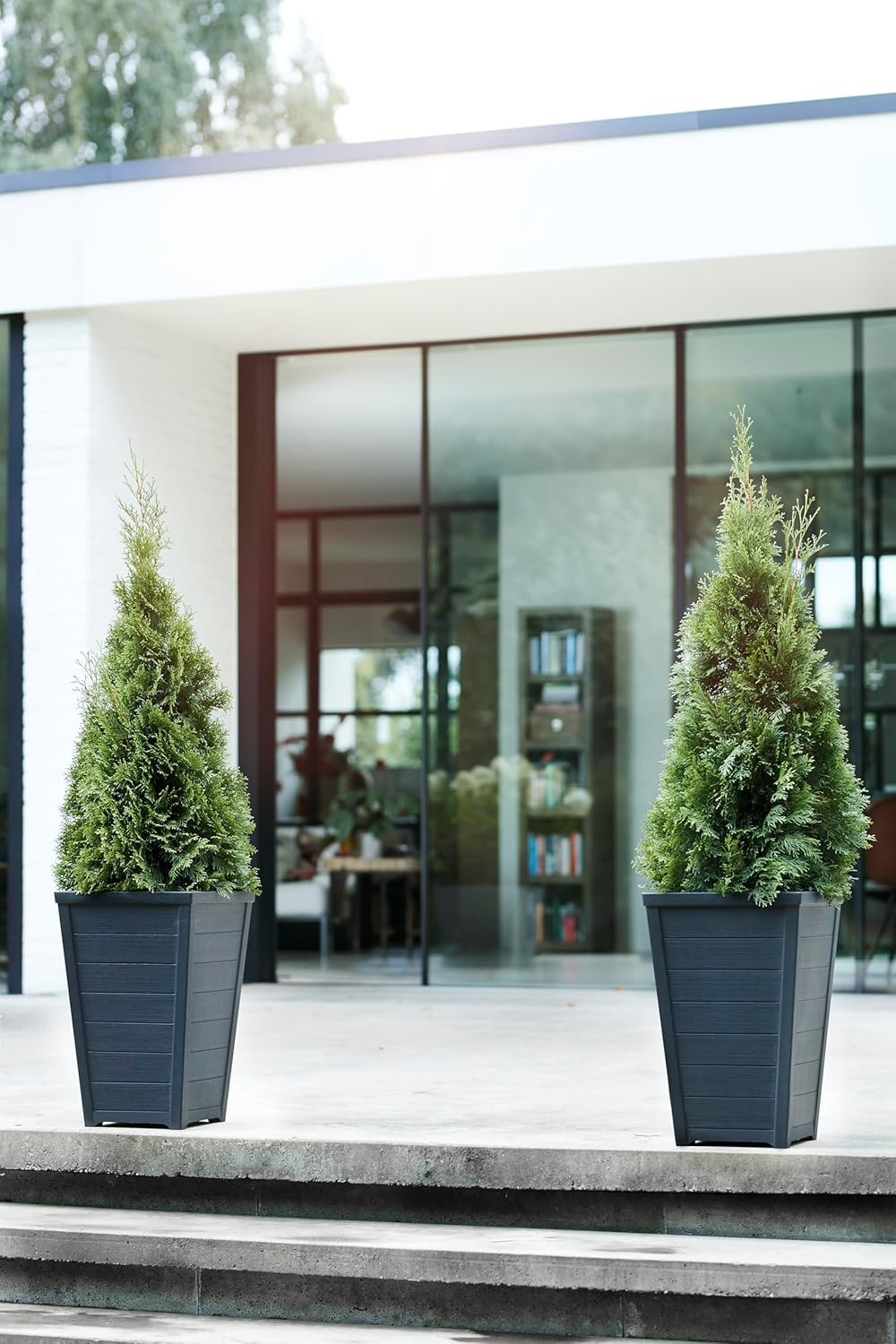 image:imageKeter Set of 2 Resin Modern Outdoor 22 Inch Tall Large Flower Pots Tapered Wood Look Planters for Outdoor Plants and Front Porch Decor GraphiteGraphite