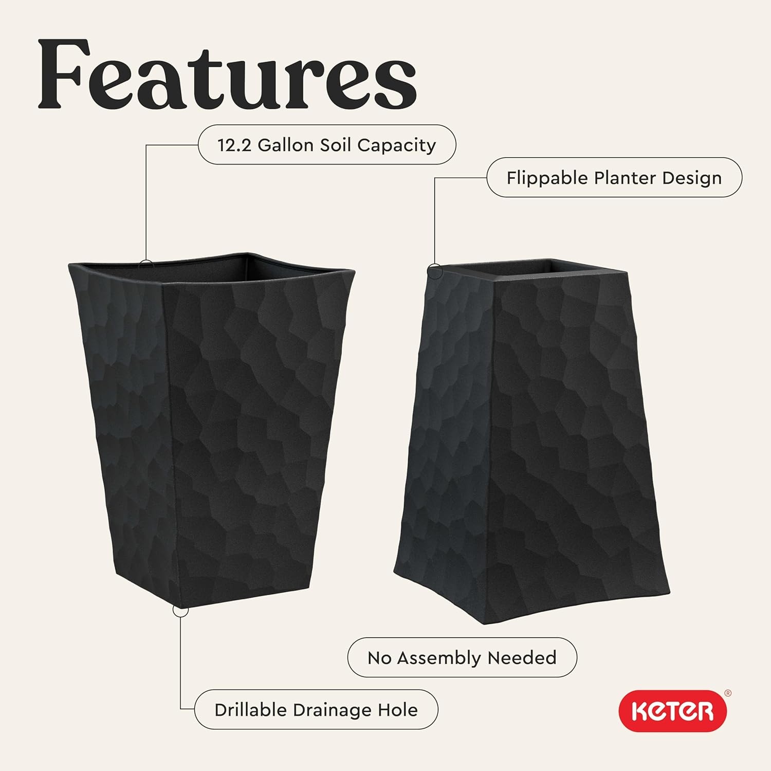 image:imageKeter Set of 2 Resin Modern Outdoor 22 Inch Tall Large Flower Pots Tapered Wood Look Planters for Outdoor Plants and Front Porch Decor GraphiteGraphite
