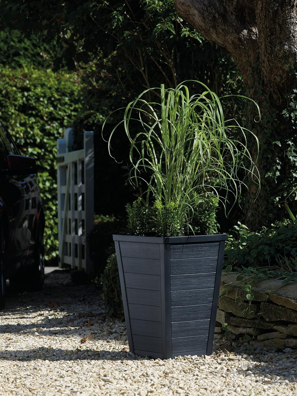 image:imageKeter Set of 2 Resin Modern Outdoor 22 Inch Tall Large Flower Pots Tapered Wood Look Planters for Outdoor Plants and Front Porch Decor GraphiteGraphite