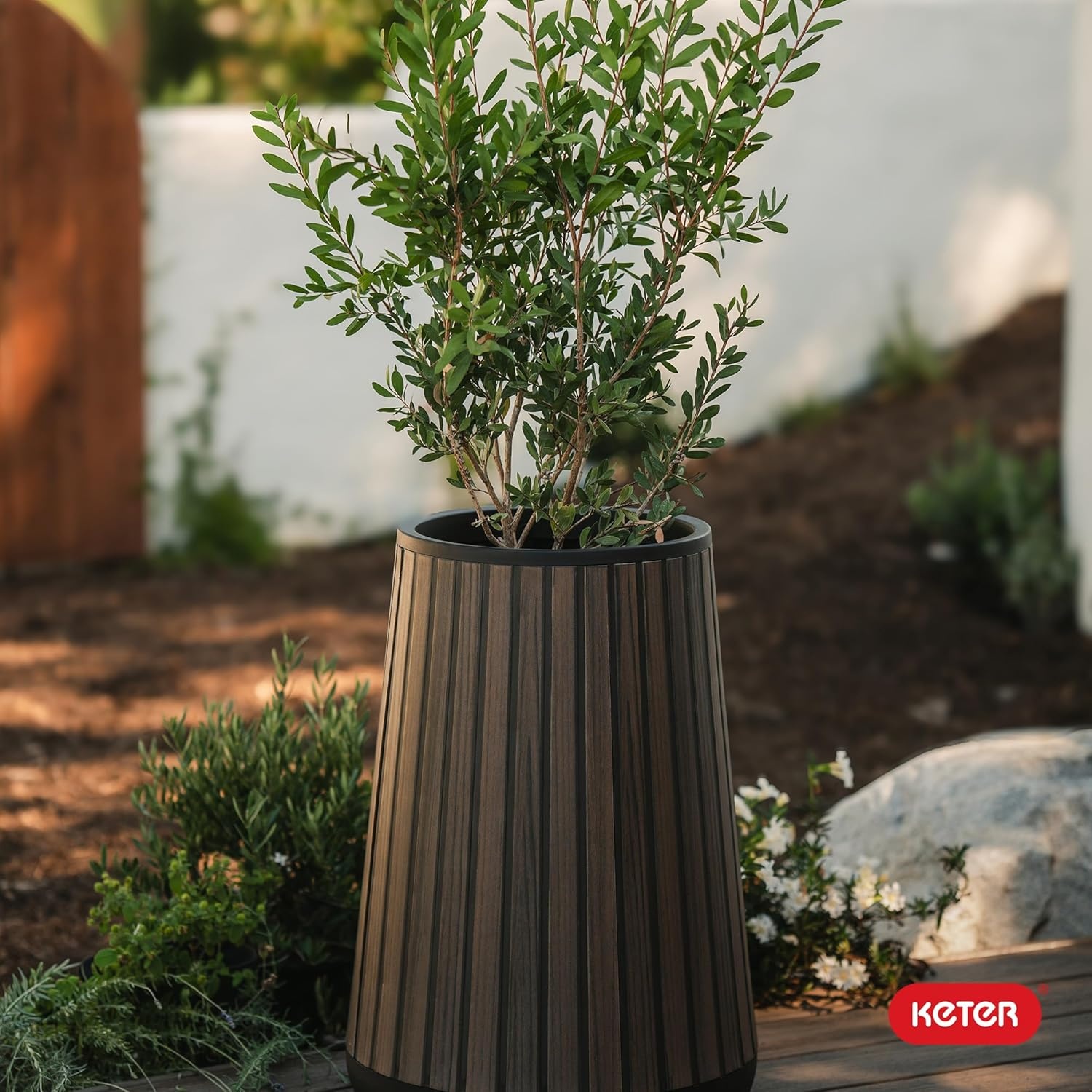 image:imageKeter Signature 216 Inch Tall Square Large Wood Look Planter for Indoor or Outdoor Flower Pot Ideal for Patio Deck and Front Porch Decor RosewoodConic Tall