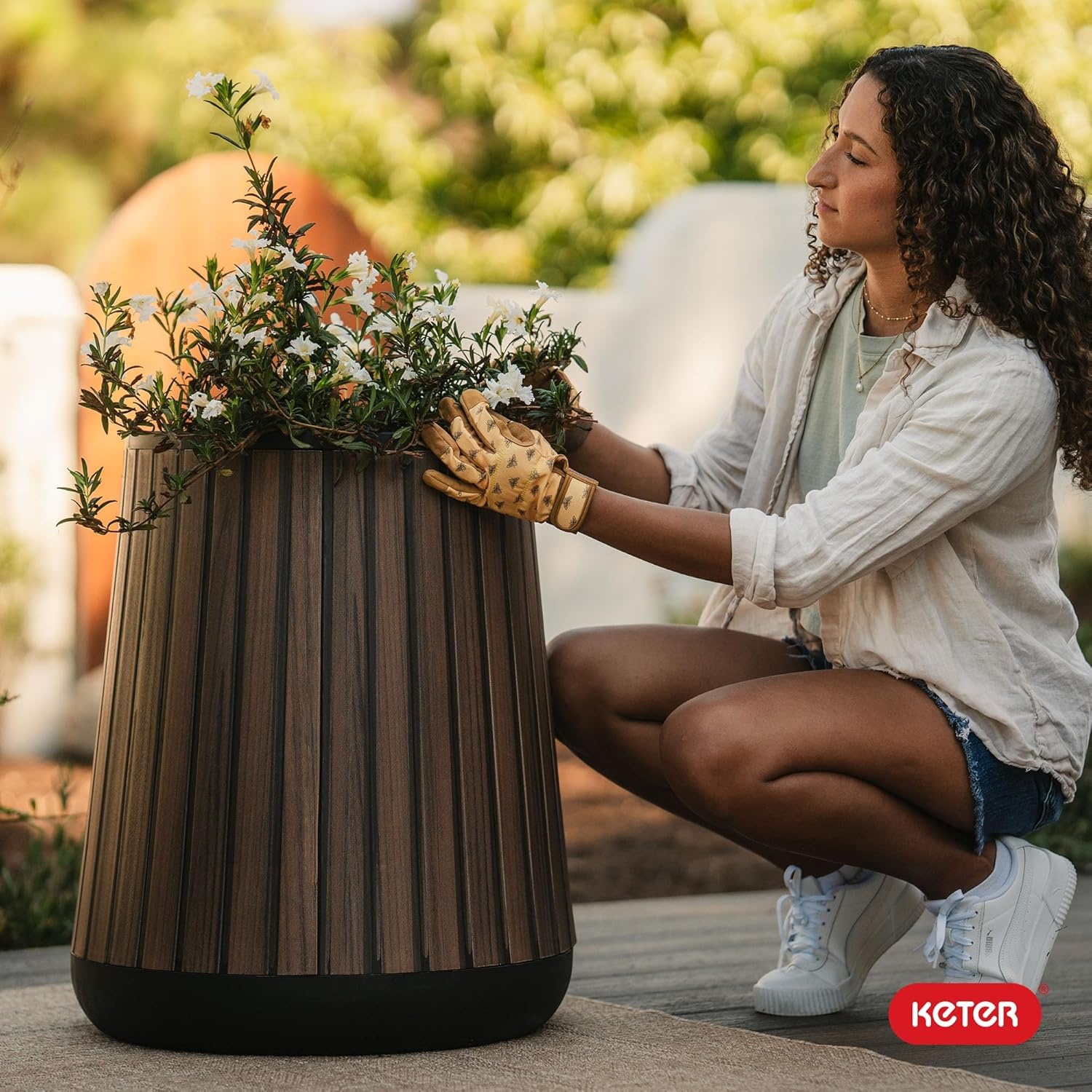 image:imageKeter Signature 216 Inch Tall Square Large Wood Look Planter for Indoor or Outdoor Flower Pot Ideal for Patio Deck and Front Porch Decor RosewoodConic