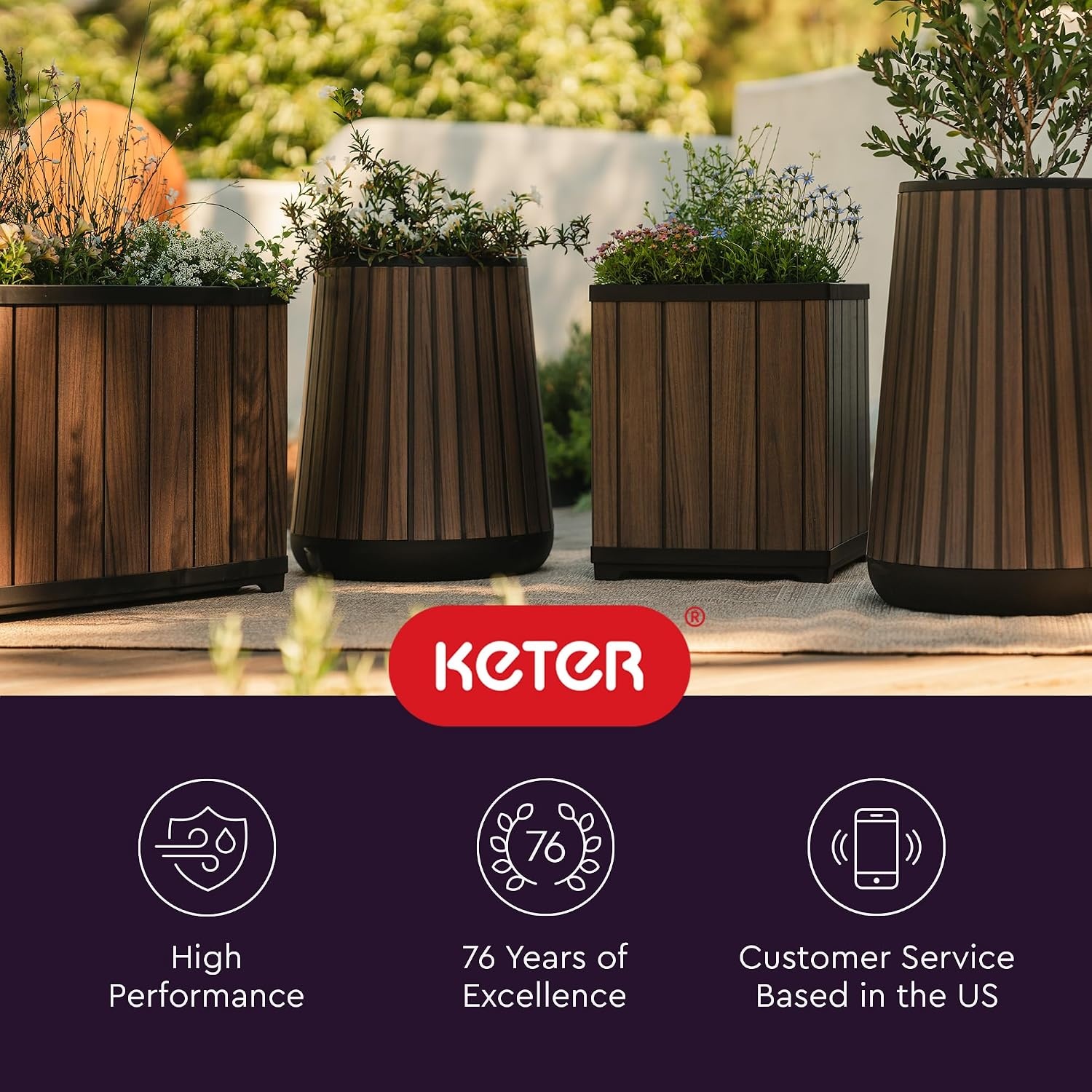 image:imageKeter Signature 216 Inch Tall Square Large Wood Look Planter for Indoor or Outdoor Flower Pot Ideal for Patio Deck and Front Porch Decor RosewoodConic Tall