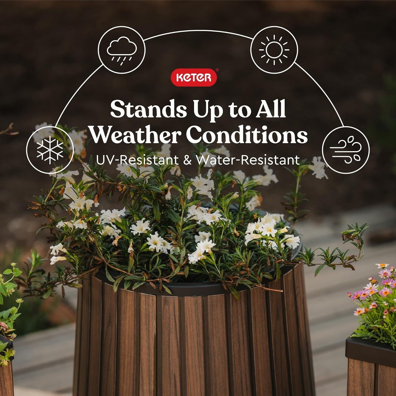 image:imageKeter Signature 216 Inch Tall Square Large Wood Look Planter for Indoor or Outdoor Flower Pot Ideal for Patio Deck and Front Porch Decor RosewoodConic