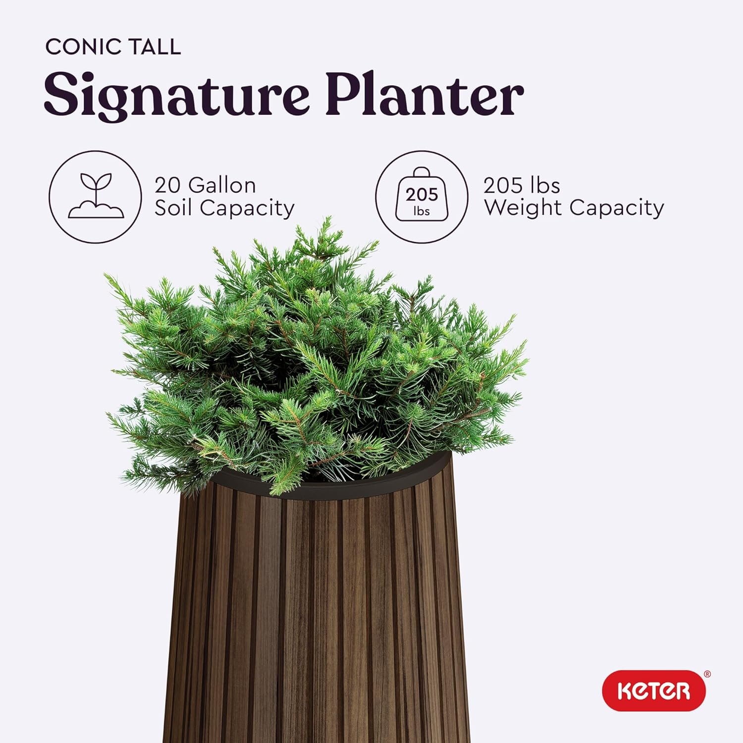 image:imageKeter Signature 216 Inch Tall Square Large Wood Look Planter for Indoor or Outdoor Flower Pot Ideal for Patio Deck and Front Porch Decor RosewoodConic Tall