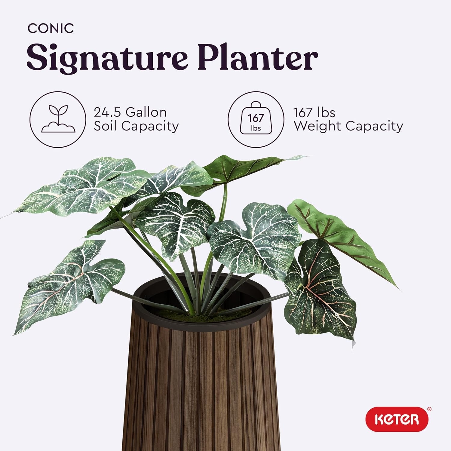 image:imageKeter Signature 216 Inch Tall Square Large Wood Look Planter for Indoor or Outdoor Flower Pot Ideal for Patio Deck and Front Porch Decor RosewoodConic