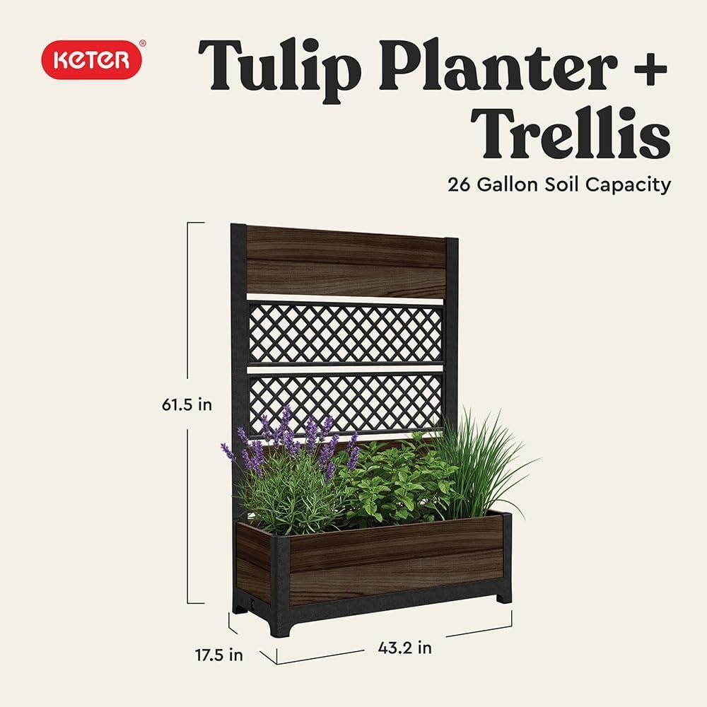 image:imageKeter Signature 216 Inch Tall Square Large Wood Look Planter for Indoor or Outdoor Flower Pot Ideal for Patio Deck and Front Porch Decor RosewoodRectangle Trellis