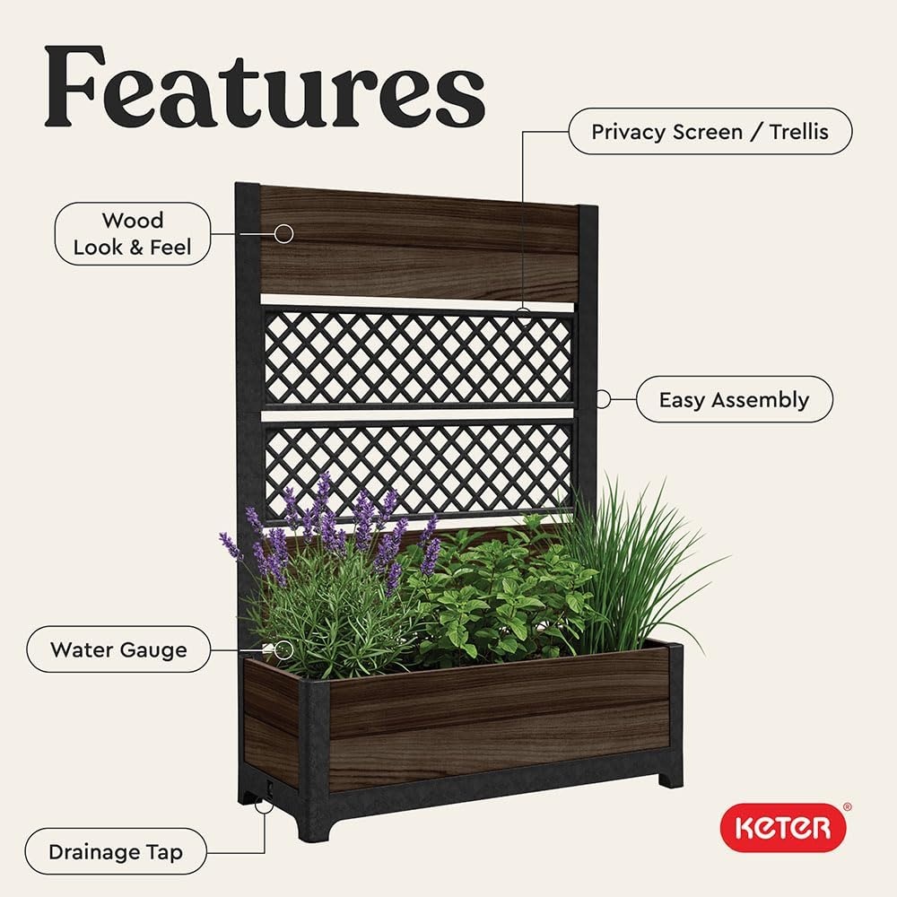 image:imageKeter Signature 216 Inch Tall Square Large Wood Look Planter for Indoor or Outdoor Flower Pot Ideal for Patio Deck and Front Porch Decor RosewoodRectangle Trellis