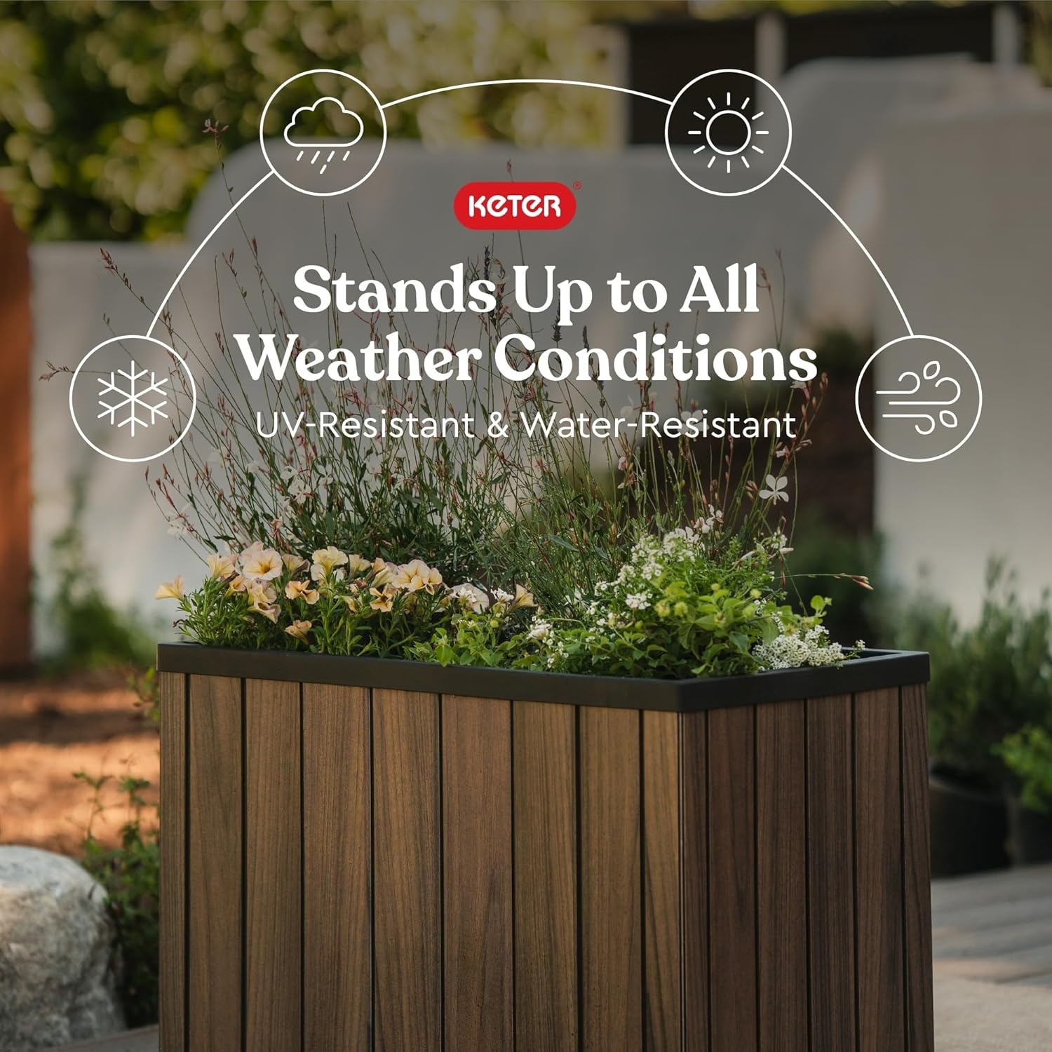 image:imageKeter Signature 216 Inch Tall Square Large Wood Look Planter for Indoor or Outdoor Flower Pot Ideal for Patio Deck and Front Porch Decor RosewoodRectangle