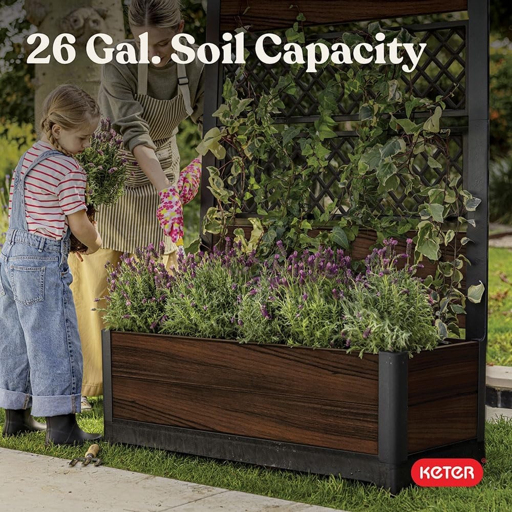 image:imageKeter Signature 216 Inch Tall Square Large Wood Look Planter for Indoor or Outdoor Flower Pot Ideal for Patio Deck and Front Porch Decor RosewoodRectangle Trellis