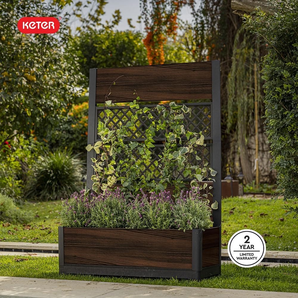 image:imageKeter Signature 216 Inch Tall Square Large Wood Look Planter for Indoor or Outdoor Flower Pot Ideal for Patio Deck and Front Porch Decor RosewoodRectangle Trellis