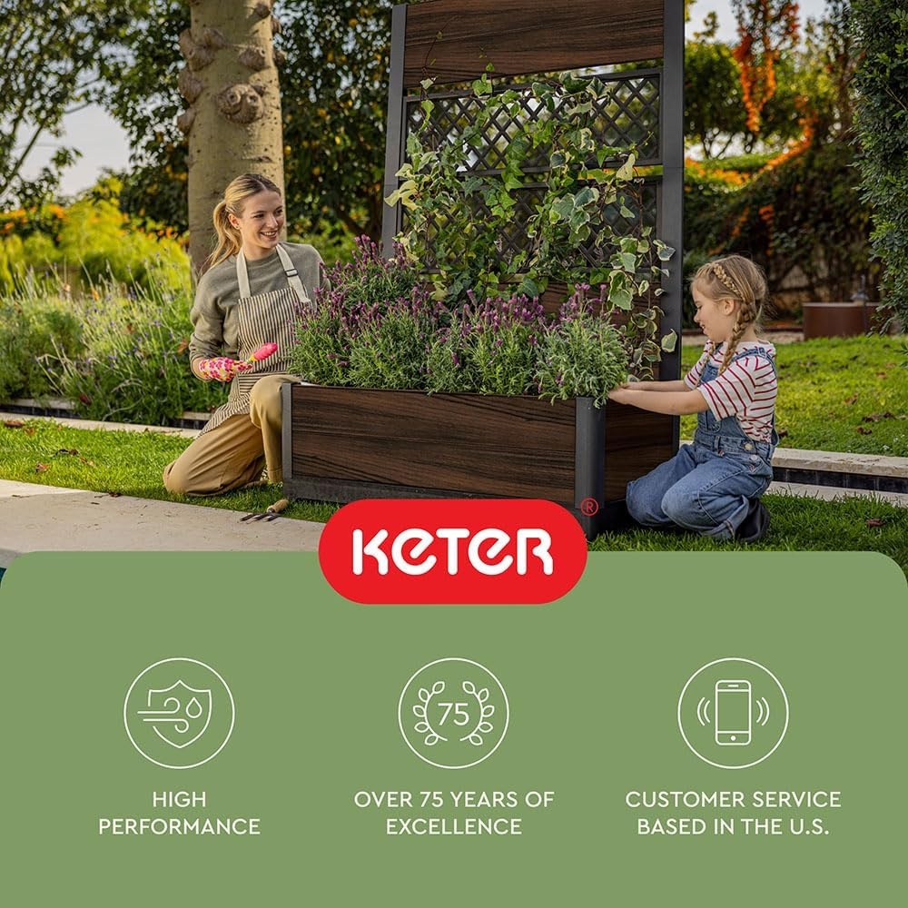 image:imageKeter Signature 216 Inch Tall Square Large Wood Look Planter for Indoor or Outdoor Flower Pot Ideal for Patio Deck and Front Porch Decor RosewoodRectangle Trellis