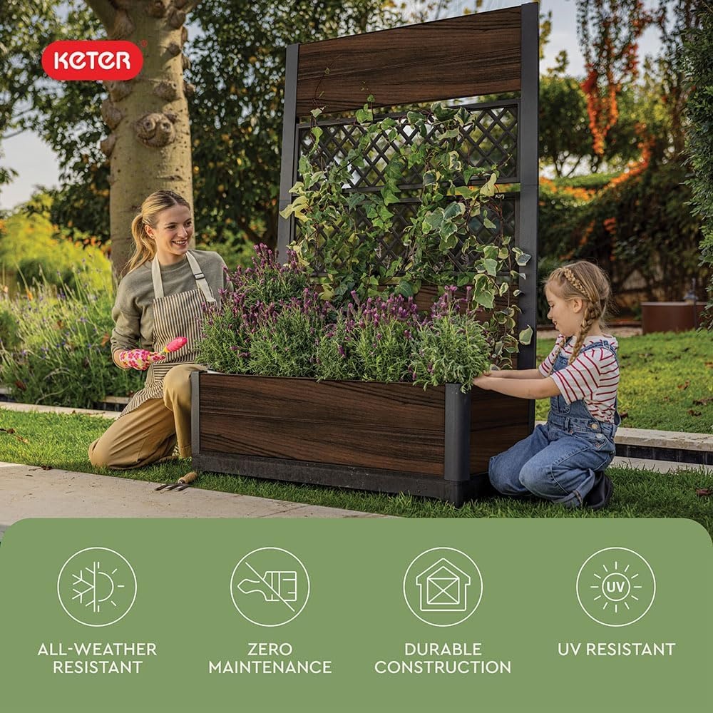 image:imageKeter Signature 216 Inch Tall Square Large Wood Look Planter for Indoor or Outdoor Flower Pot Ideal for Patio Deck and Front Porch Decor RosewoodRectangle Trellis