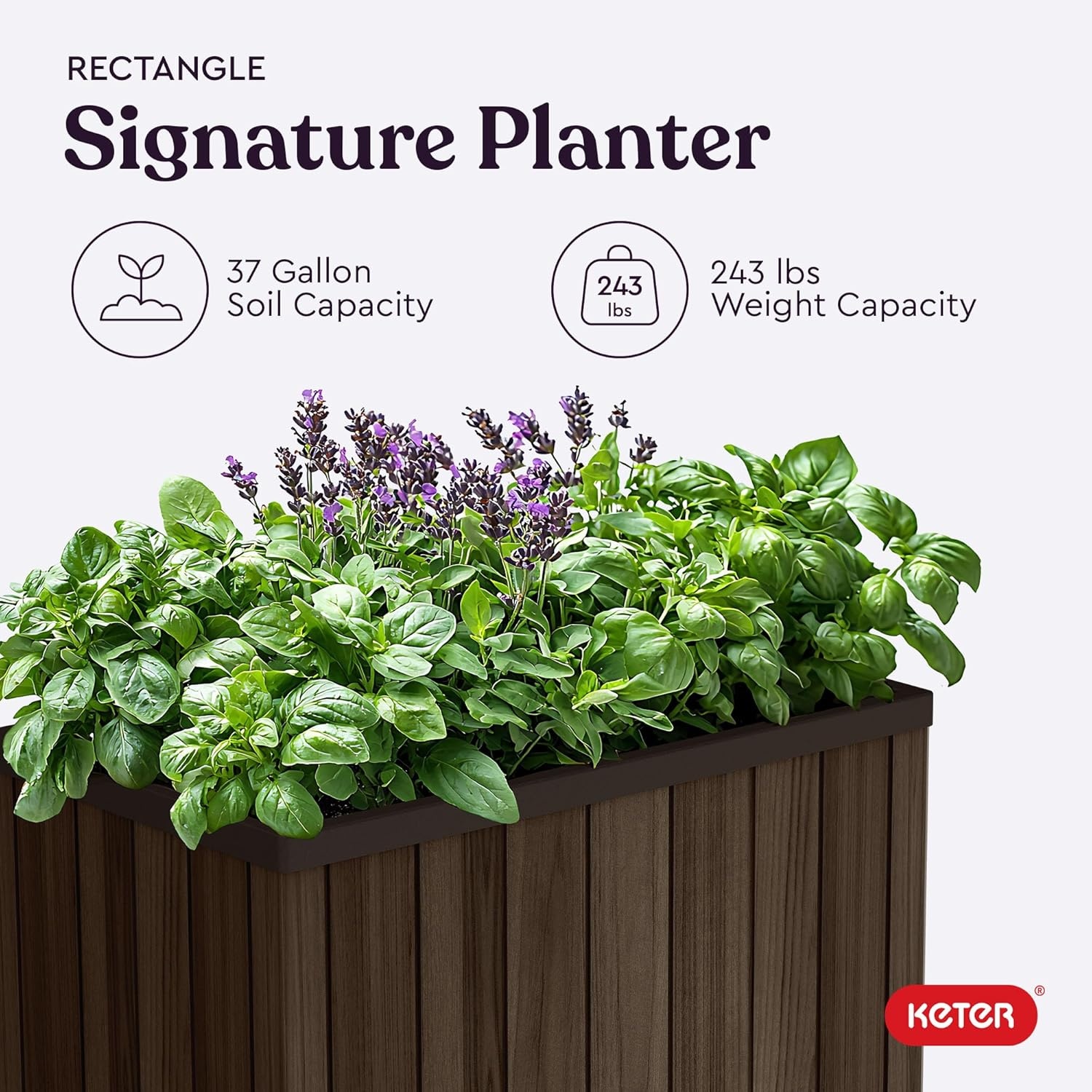 image:imageKeter Signature 216 Inch Tall Square Large Wood Look Planter for Indoor or Outdoor Flower Pot Ideal for Patio Deck and Front Porch Decor RosewoodRectangle