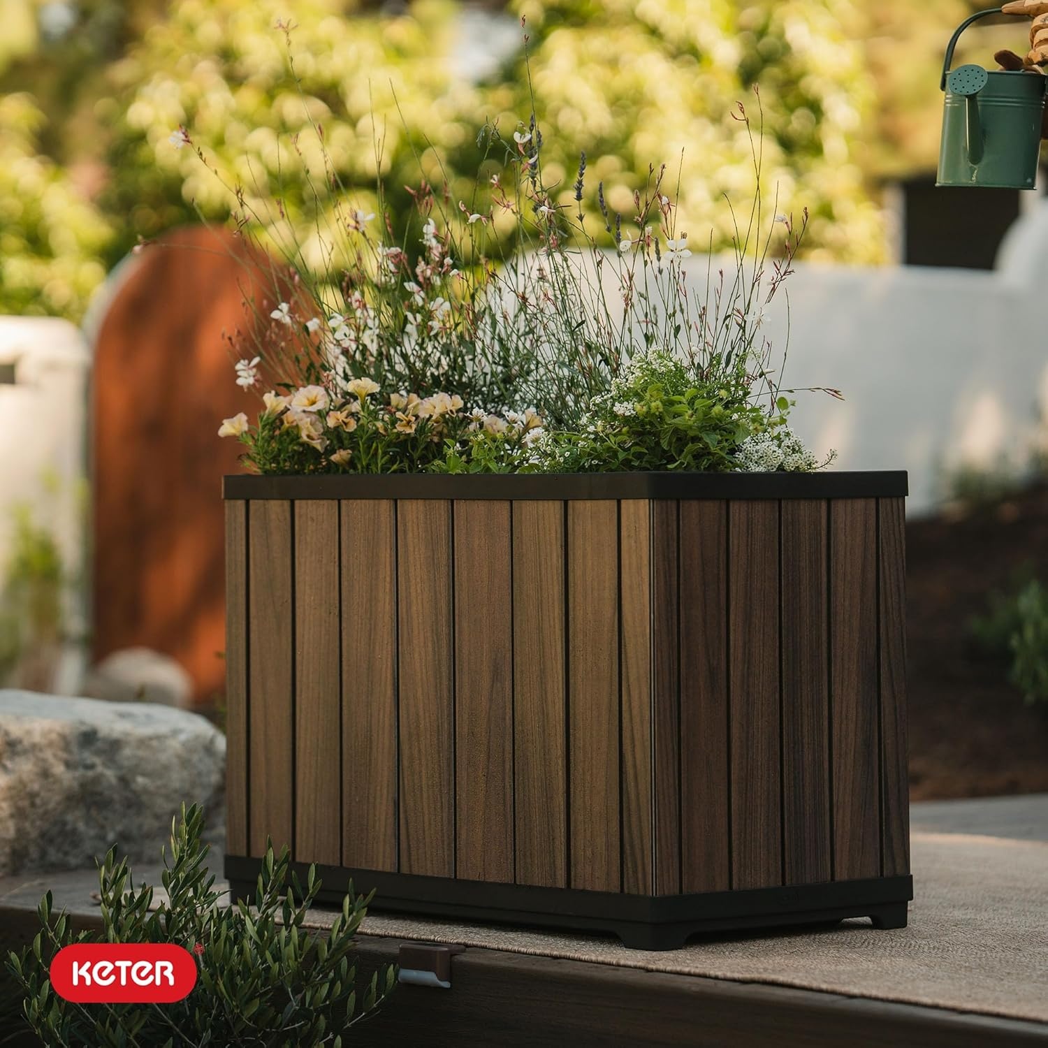 image:imageKeter Signature 216 Inch Tall Square Large Wood Look Planter for Indoor or Outdoor Flower Pot Ideal for Patio Deck and Front Porch Decor RosewoodRectangle