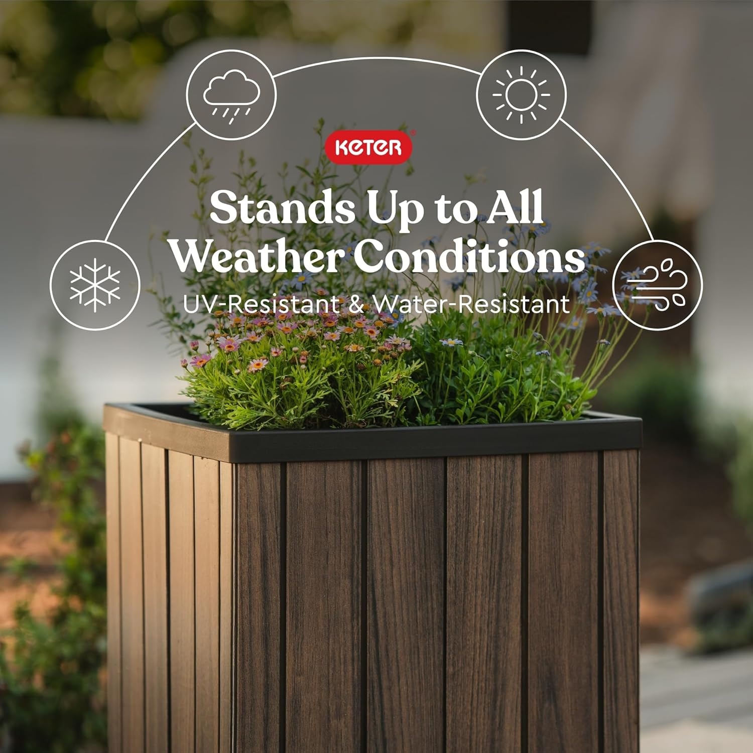 image:imageKeter Signature 216 Inch Tall Square Large Wood Look Planter for Indoor or Outdoor Flower Pot Ideal for Patio Deck and Front Porch Decor RosewoodSquare